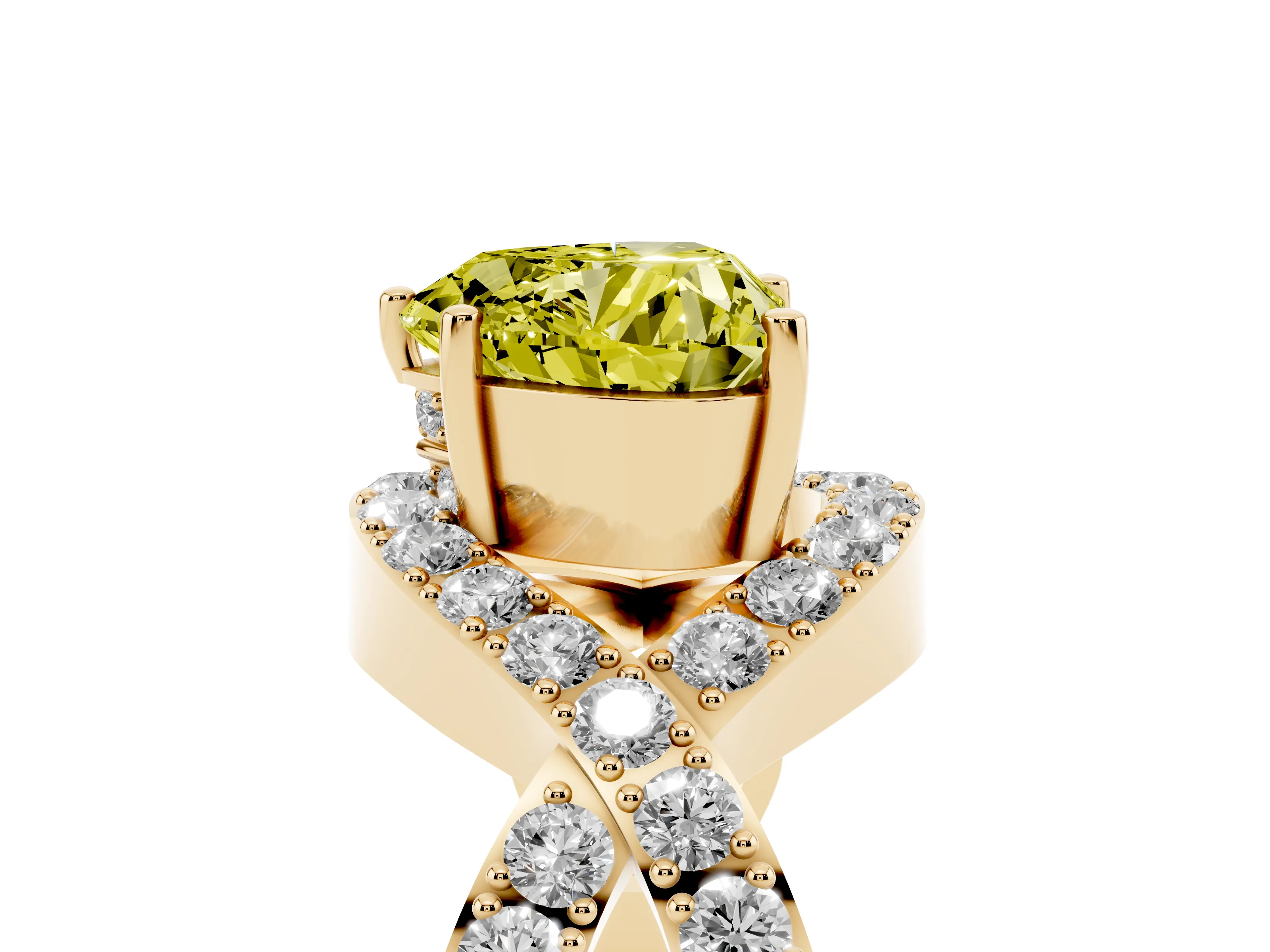Fancy Yellow Heart Cut Diamond Solitaire Twist Band Pavé Engagement Ring Set in Yellow gold