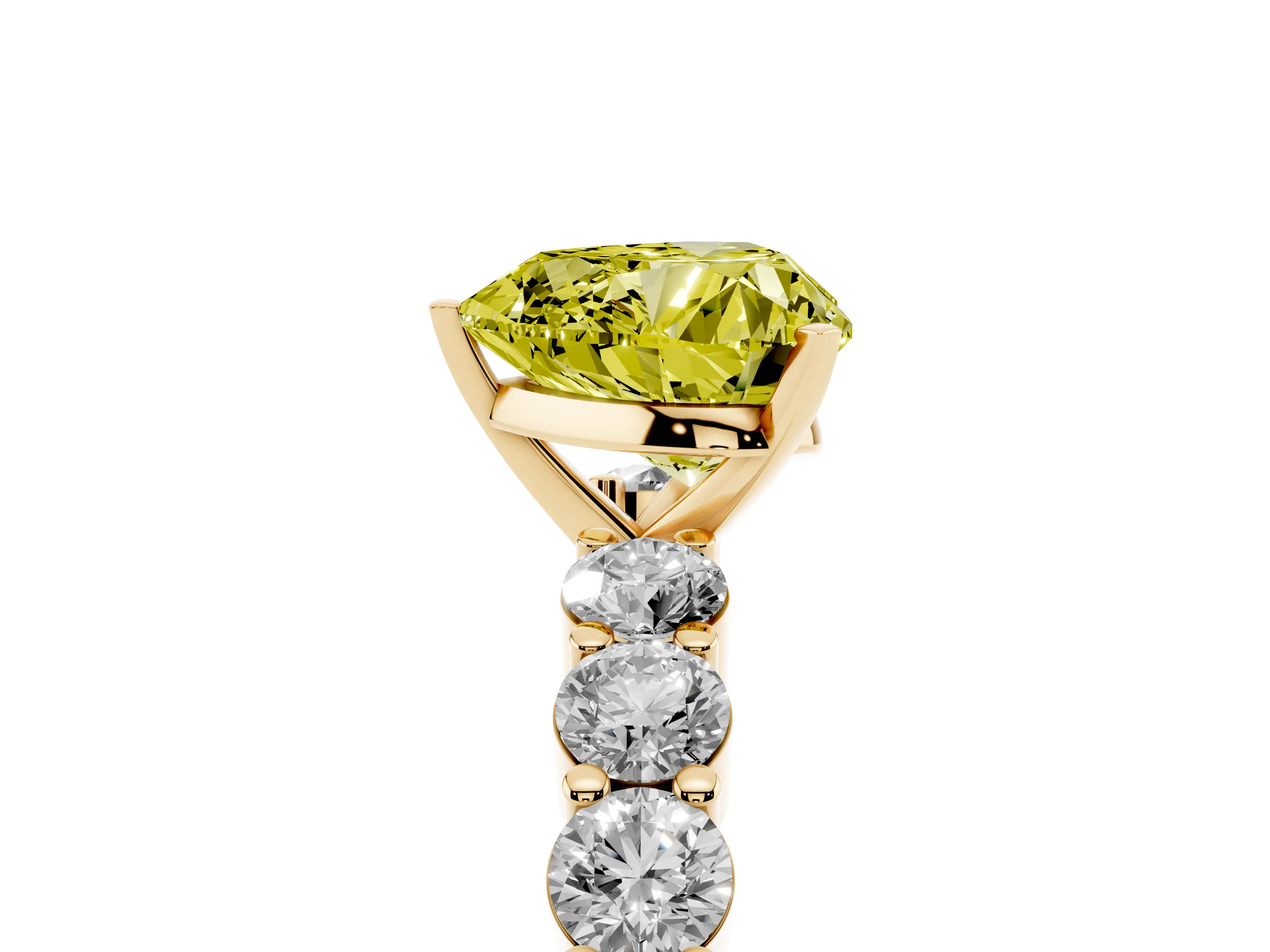 Fancy Yellow Heart Cut Diamond Solitaire Ring Set in Yellow gold with Shared Prong Round Side Stones