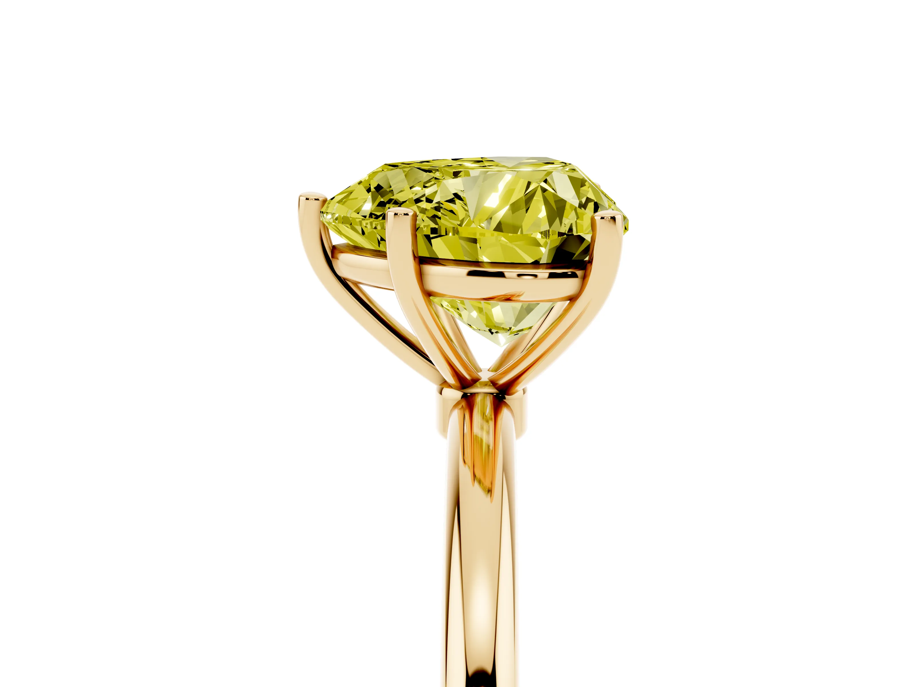 Fancy Yellow Heart Cut Diamond Solitaire Engagement Ring Set in Yellow gold with Thin Band and Prong Setting