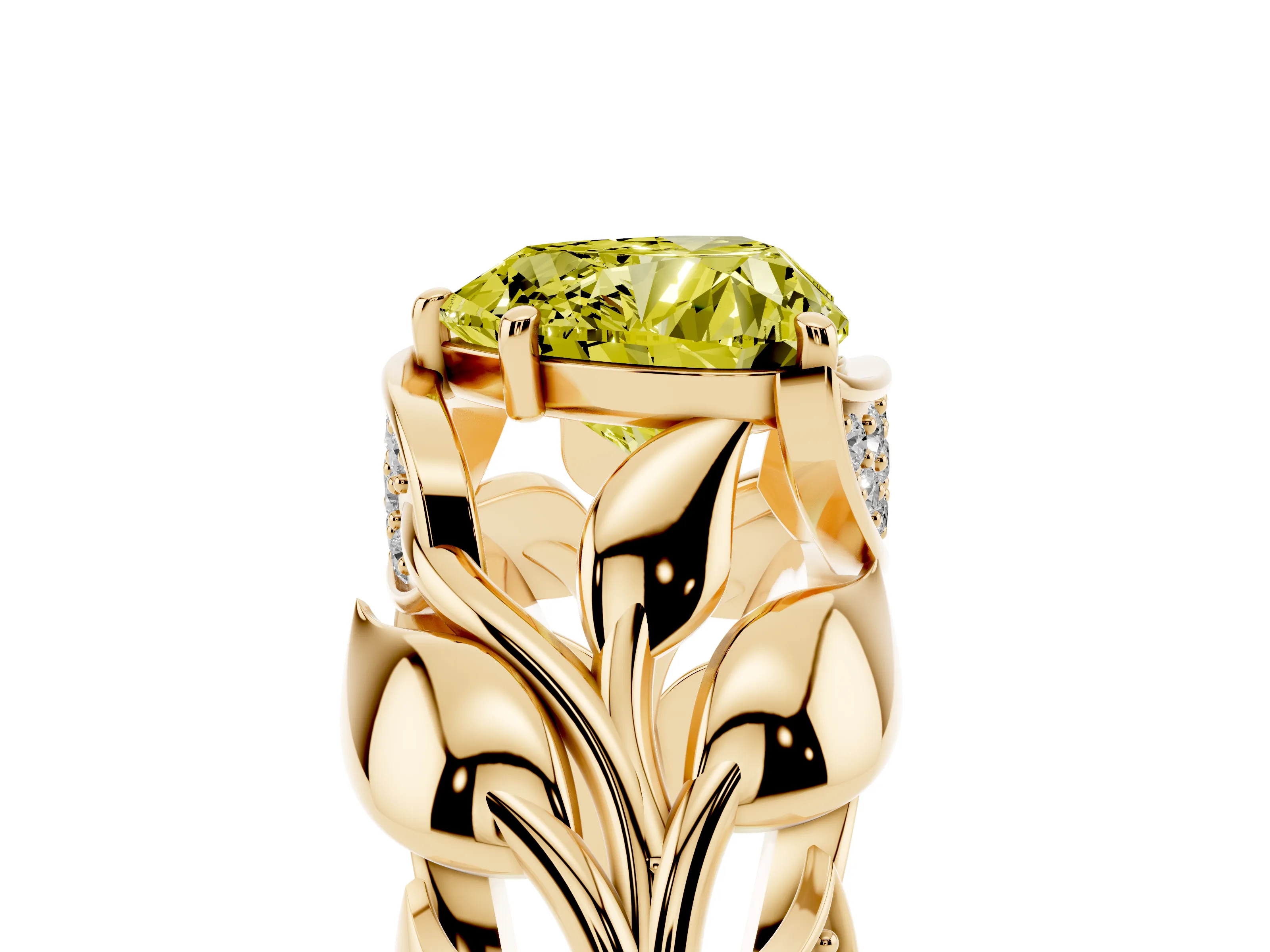 Fancy Yellow Heart Cut Diamond Leaf-Inspired Engagement Ring Set in Yellow gold with Round Accents