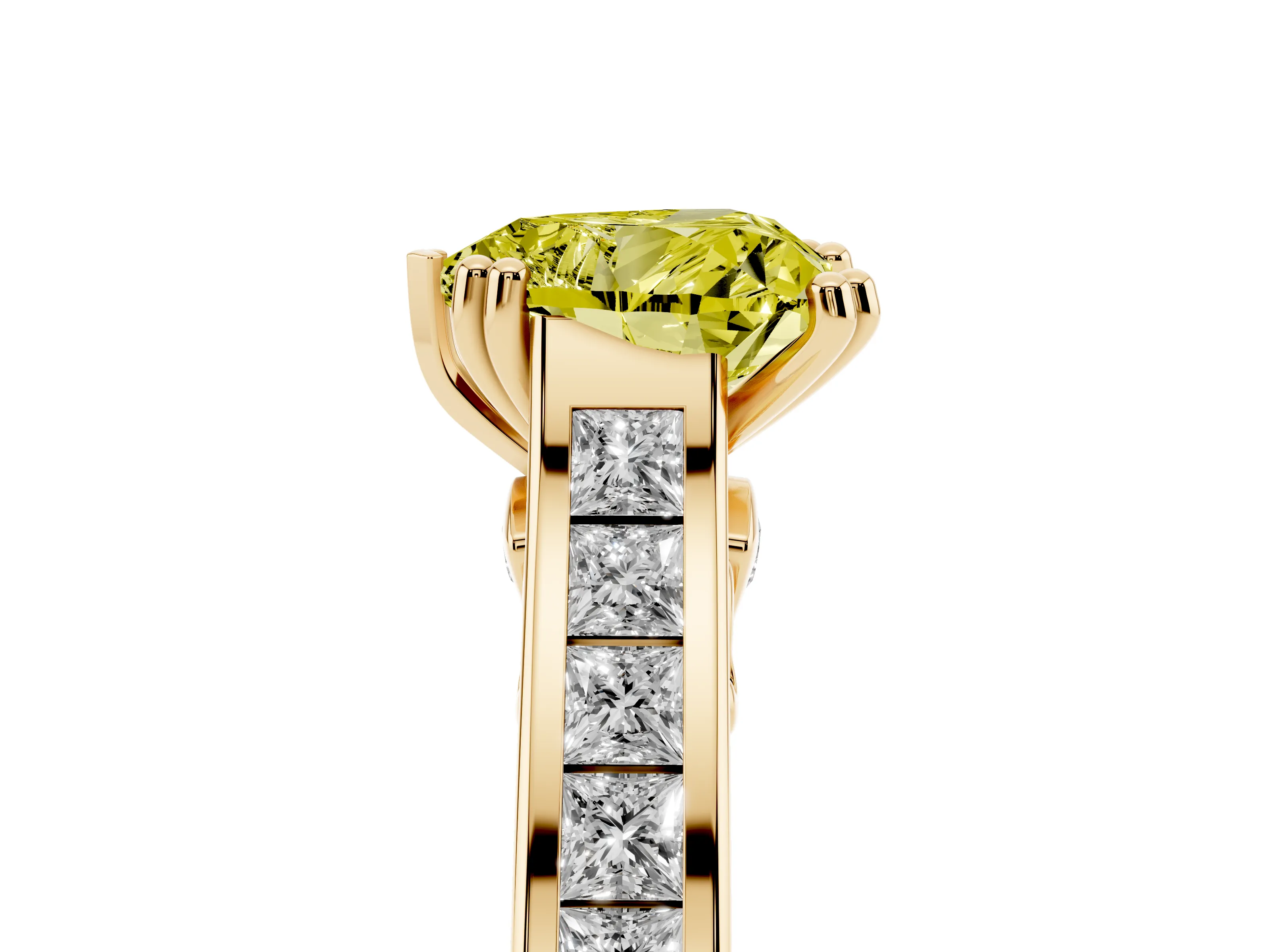 Fancy Yellow Heart Cut Diamond Channel Set Solitaire Engagement Ring Set in Yellow gold with Prong Setting