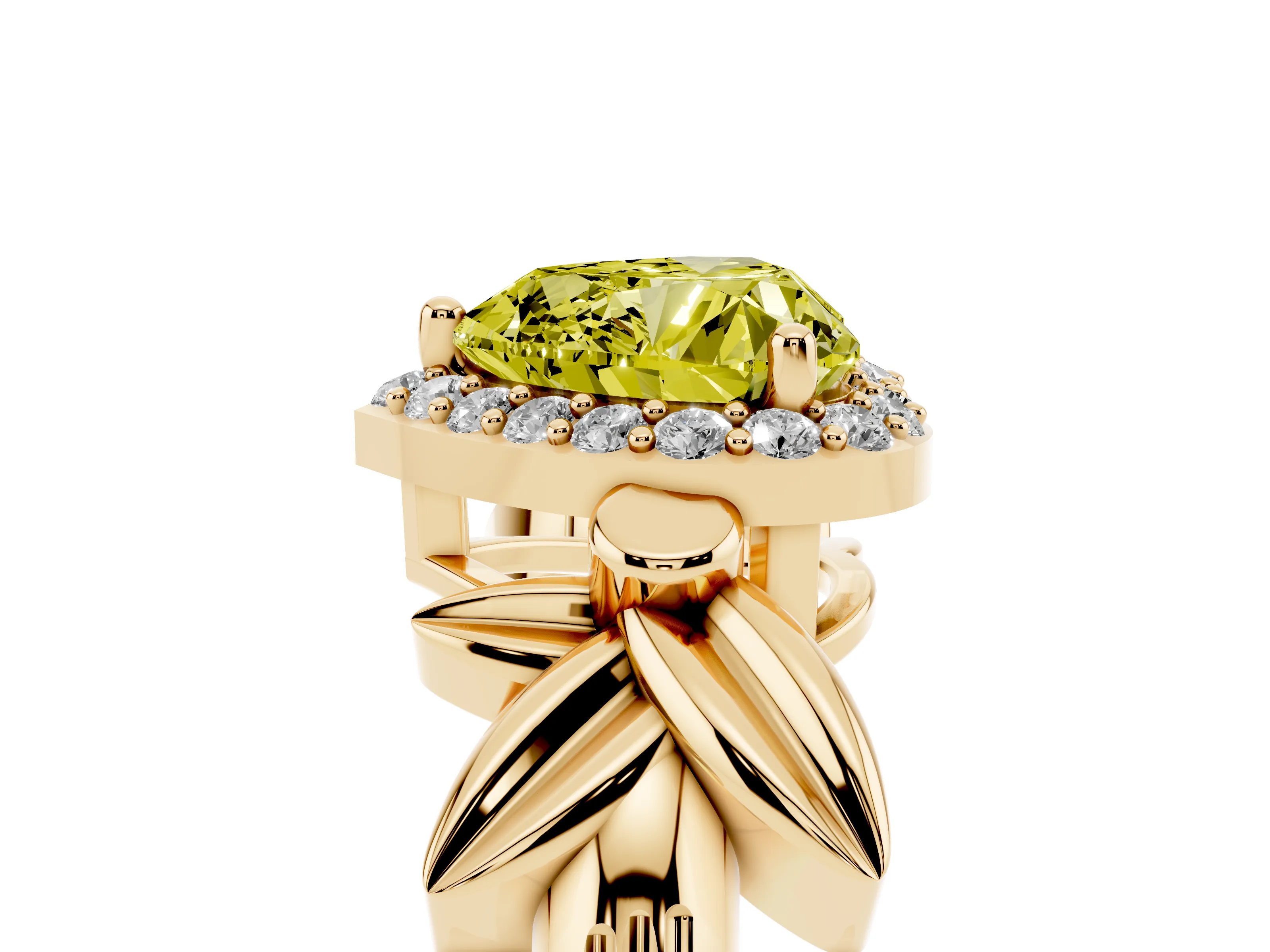 Fancy Yellow Heart Cut Diamond Halo Floral Band Ring Set in Yellow gold with Prong Setting
