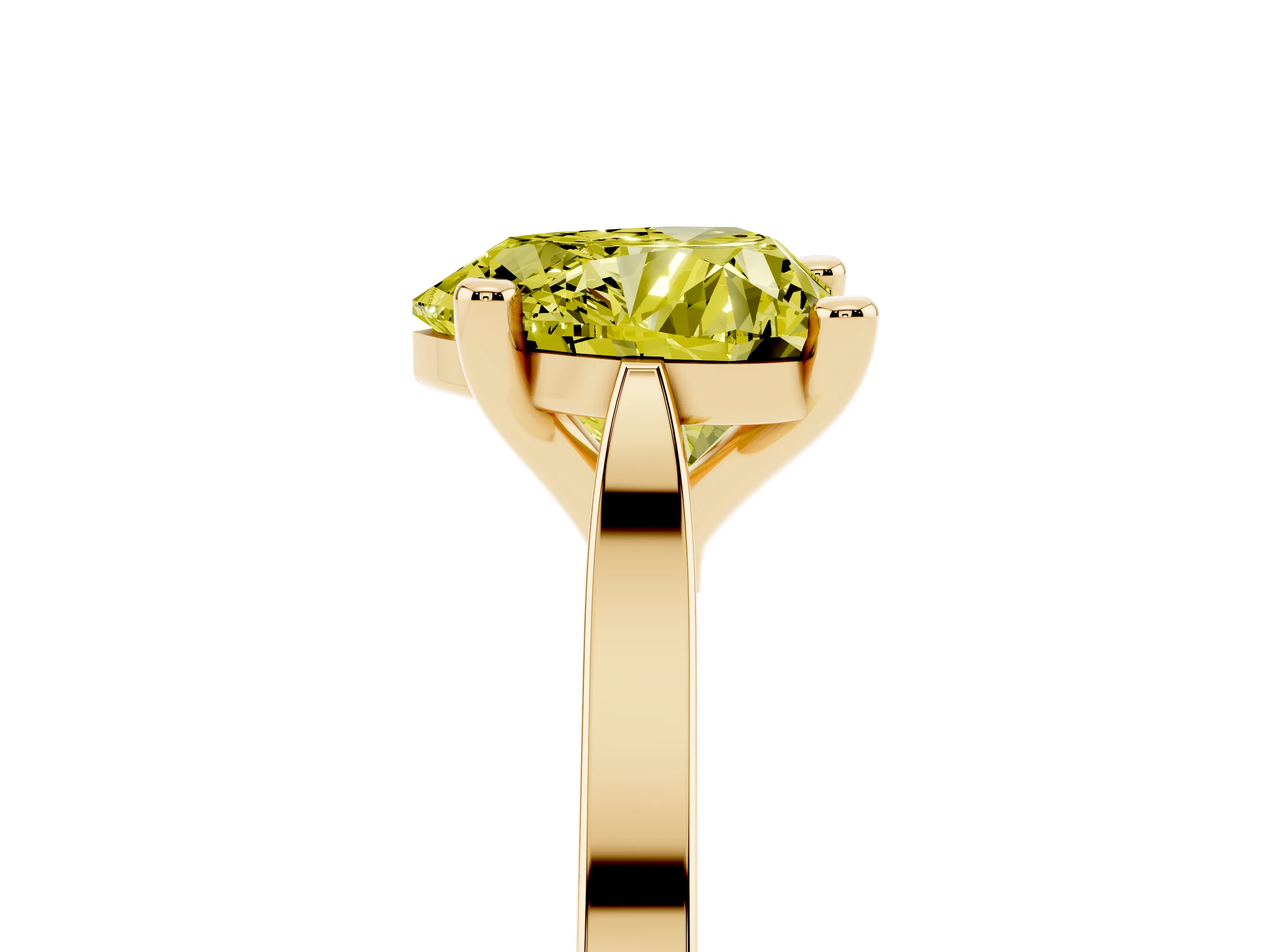 Fancy Yellow Heart Cut Diamond Solitaire Ring Set in Yellow gold with Prong Setting and Tapered Band