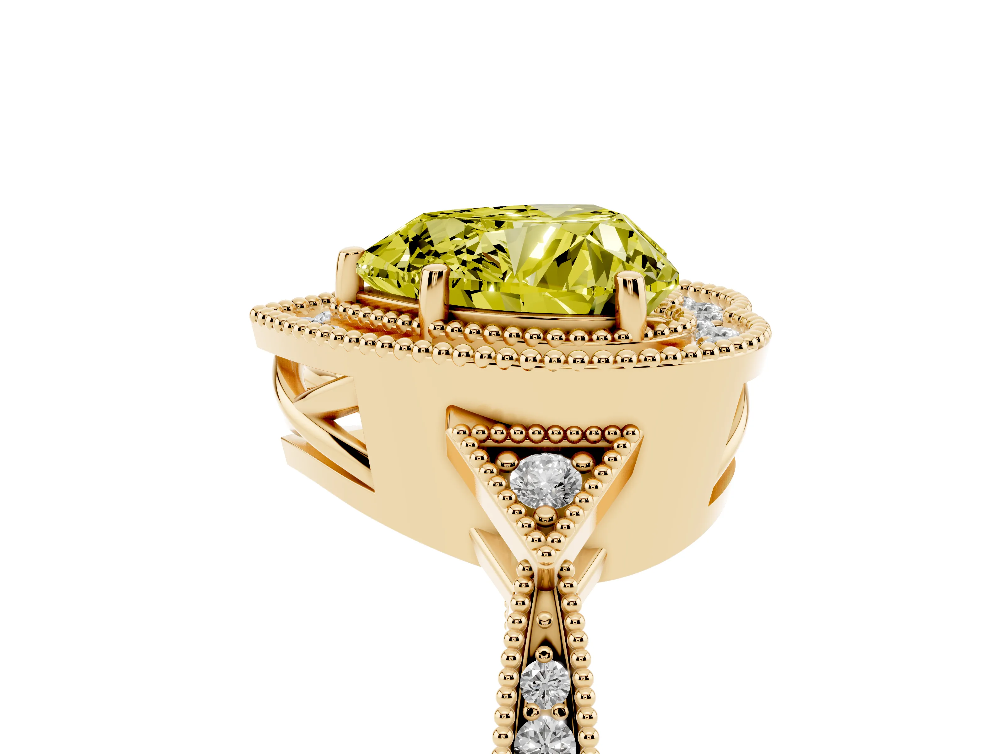 Fancy Yellow Heart Cut Diamond Halo Engagement Ring Set in Yellow gold with Milgrain Pavé Band