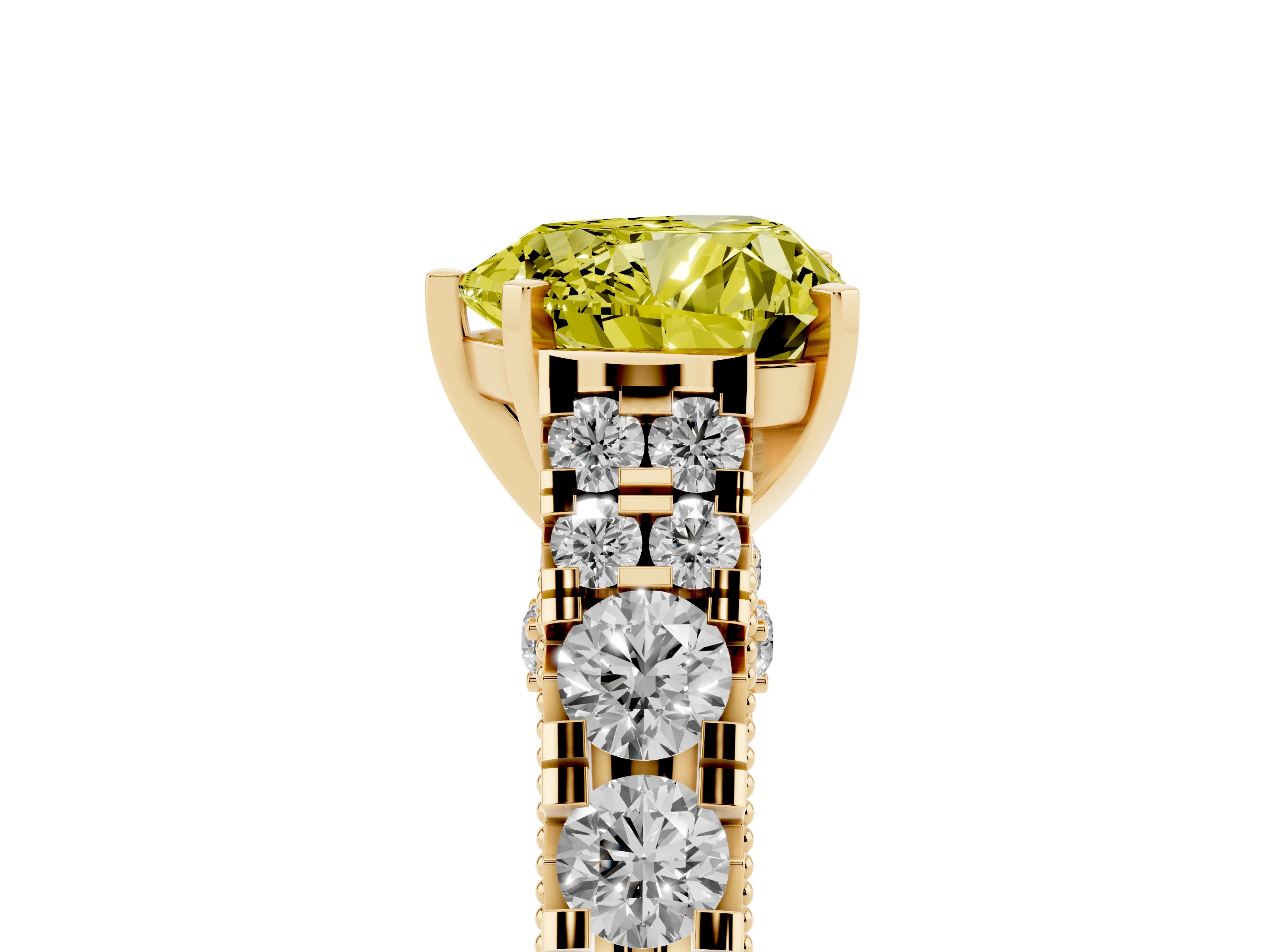 Fancy Yellow Heart Cut Diamond Classic Solitaire Ring Set in Yellow gold with Pavé Band and Prong Setting