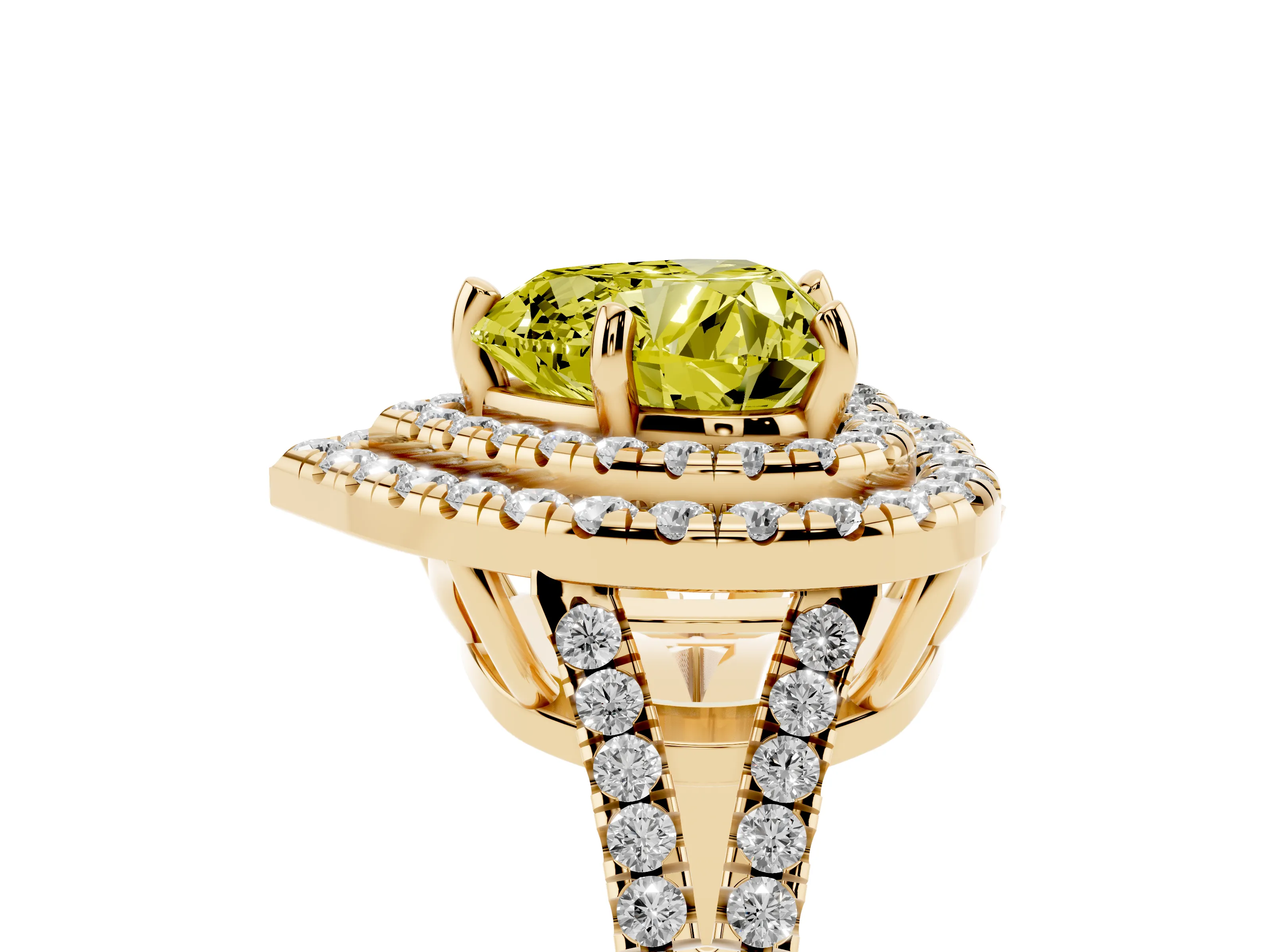 Fancy Yellow Heart Cut Diamond Double Halo Ring Set in Yellow gold with Pavé Band