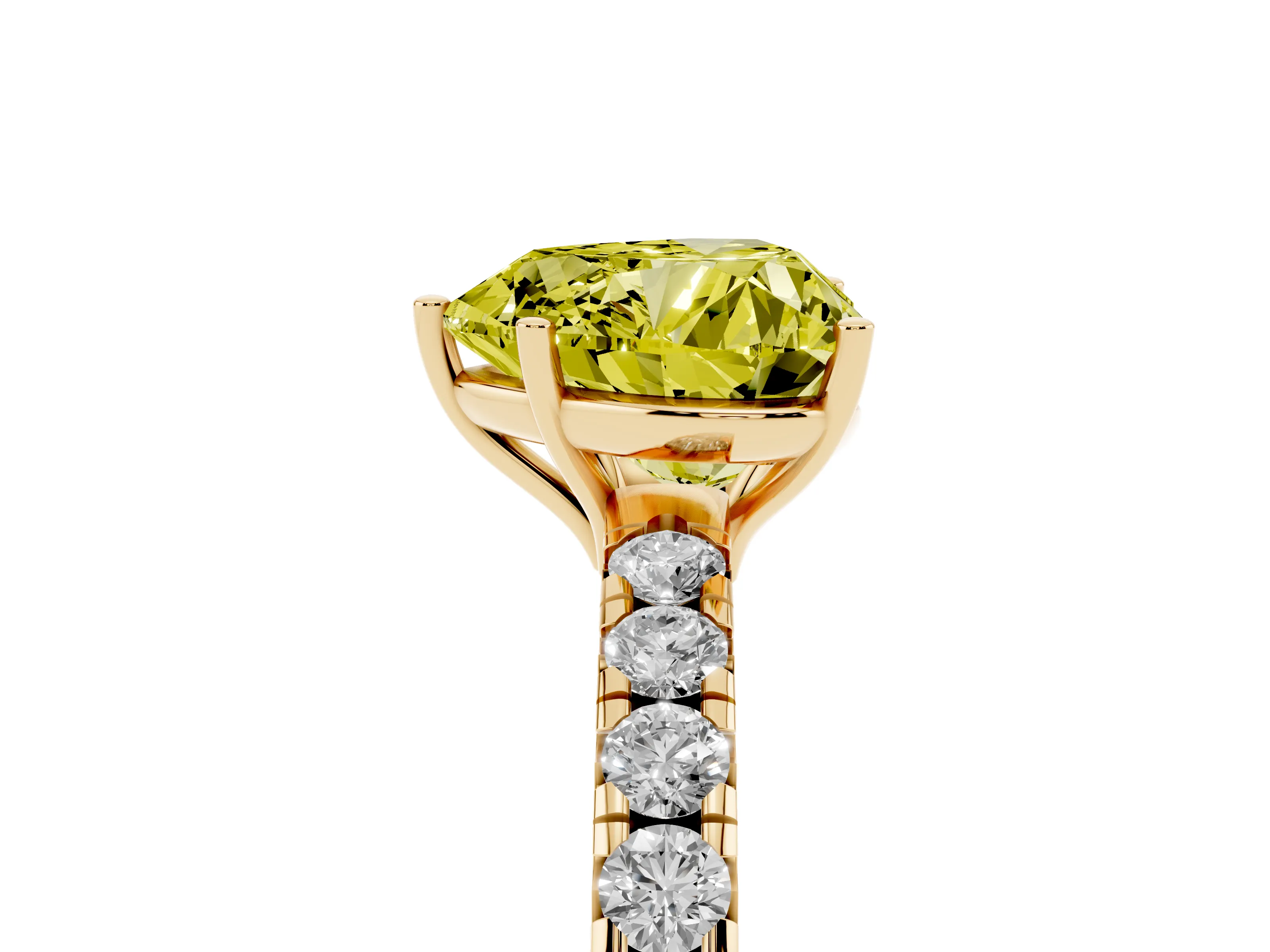 Fancy Yellow Heart Cut Diamond Pavé Solitaire Engagement Ring Set in Yellow gold with Prong Setting