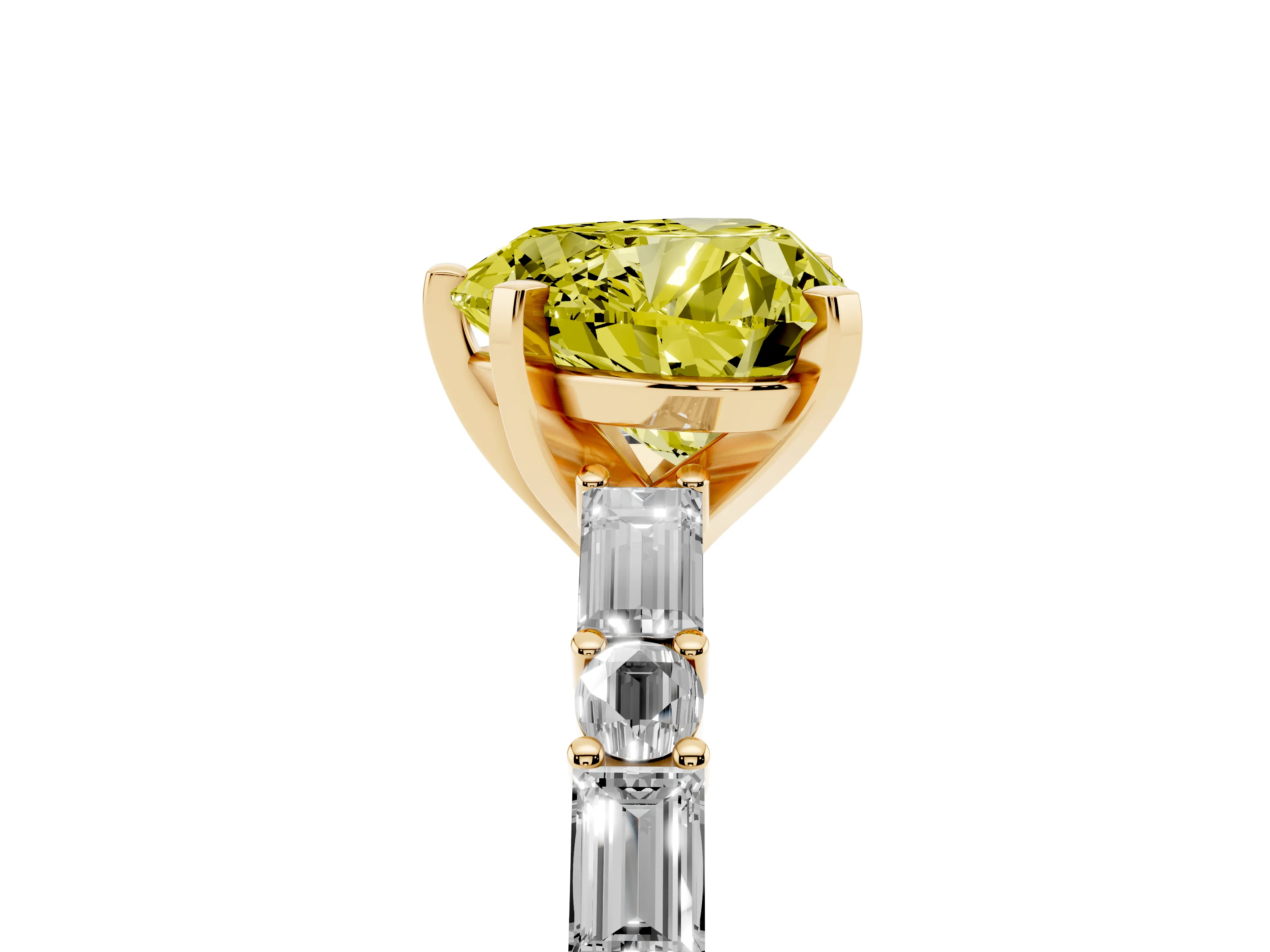 Fancy Yellow Heart Cut Diamond Solitaire Set in Yellow gold with Side Baguettes and Channel Set Band