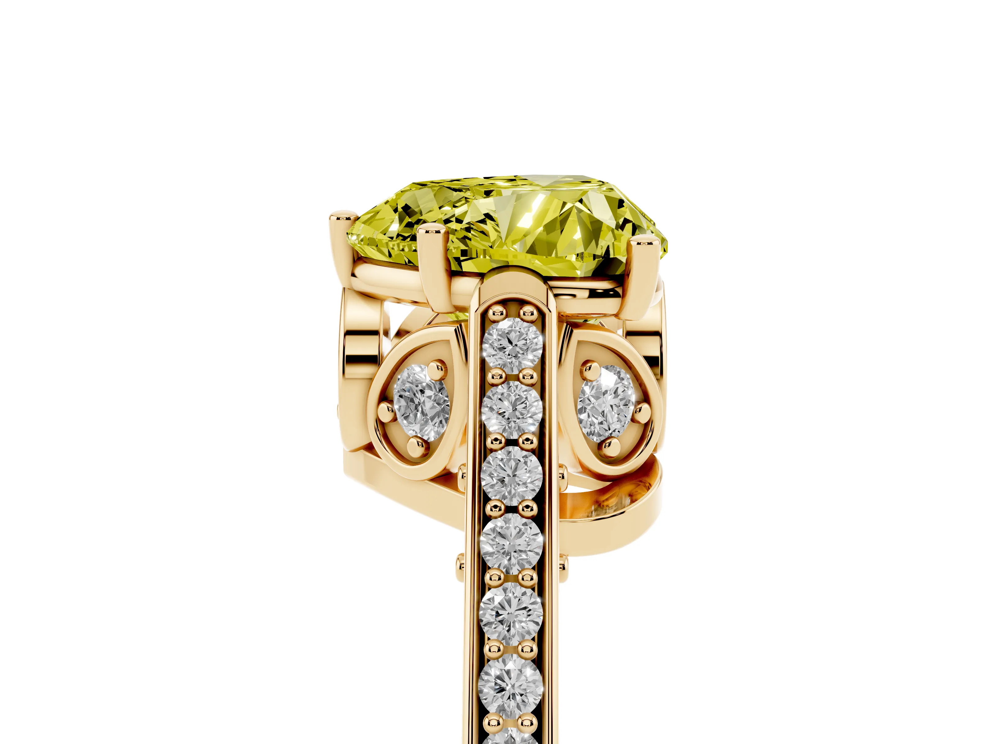 Fancy Yellow Heart Cut Diamond Cathedral Pavé Engagement Ring Set in Yellow gold with Prong Setting