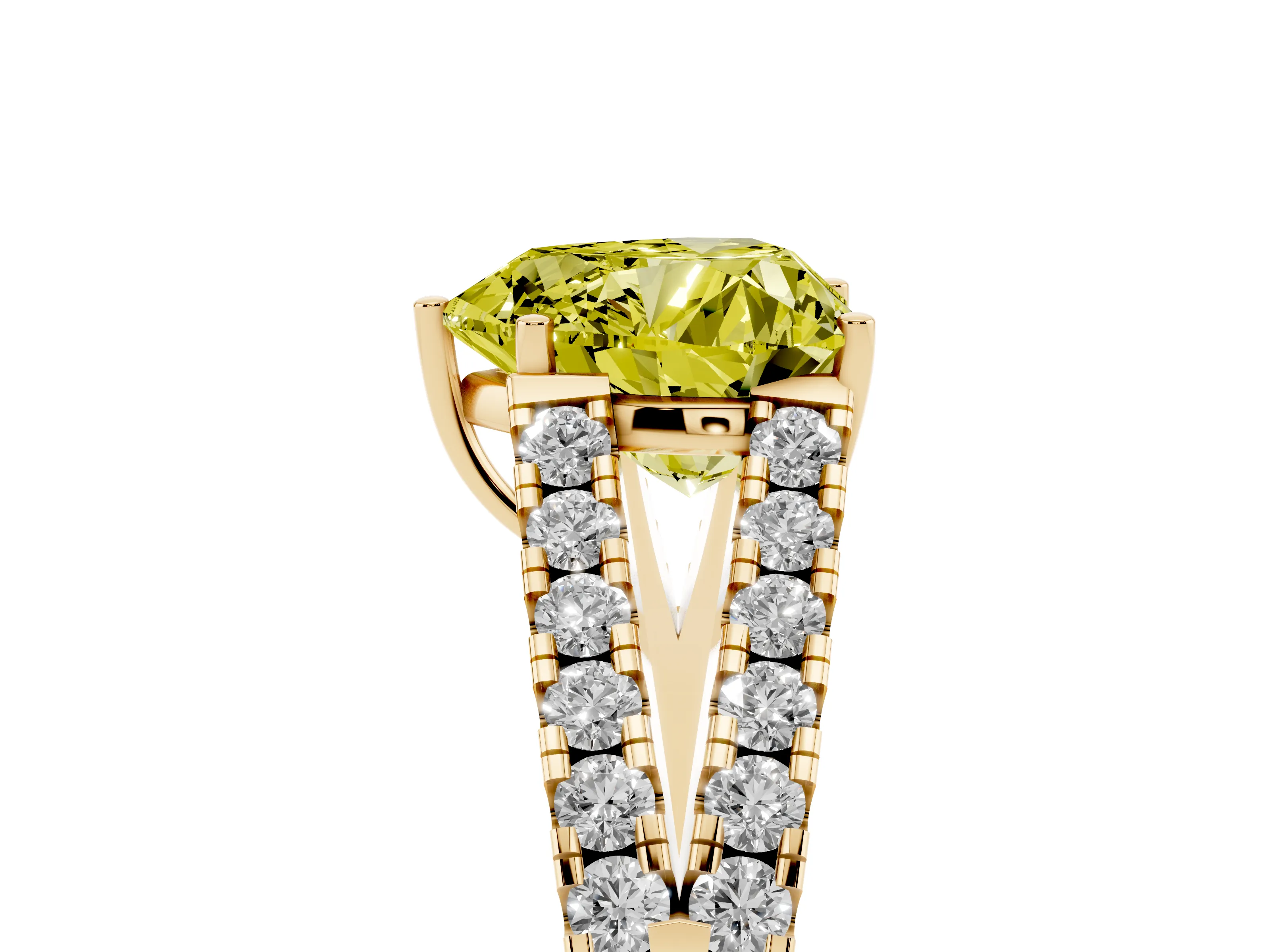 Fancy Yellow Heart Cut Diamond Split Shank Pavé Engagement Ring Set in Yellow gold with Prong-Held Center Stone