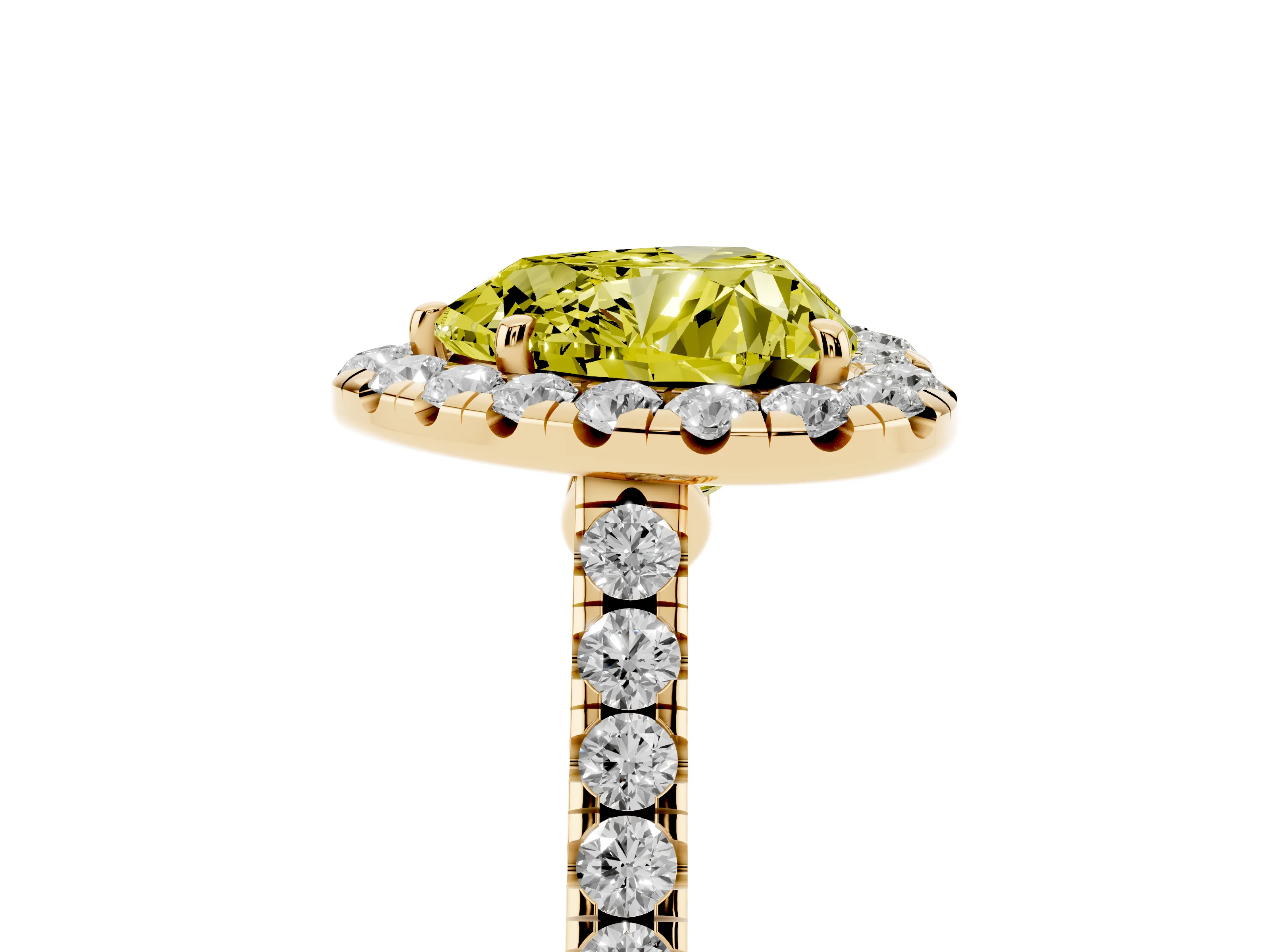 Fancy Yellow Heart Cut Diamond Halo Pavé Engagement Ring Set in Yellow gold with Prong Setting