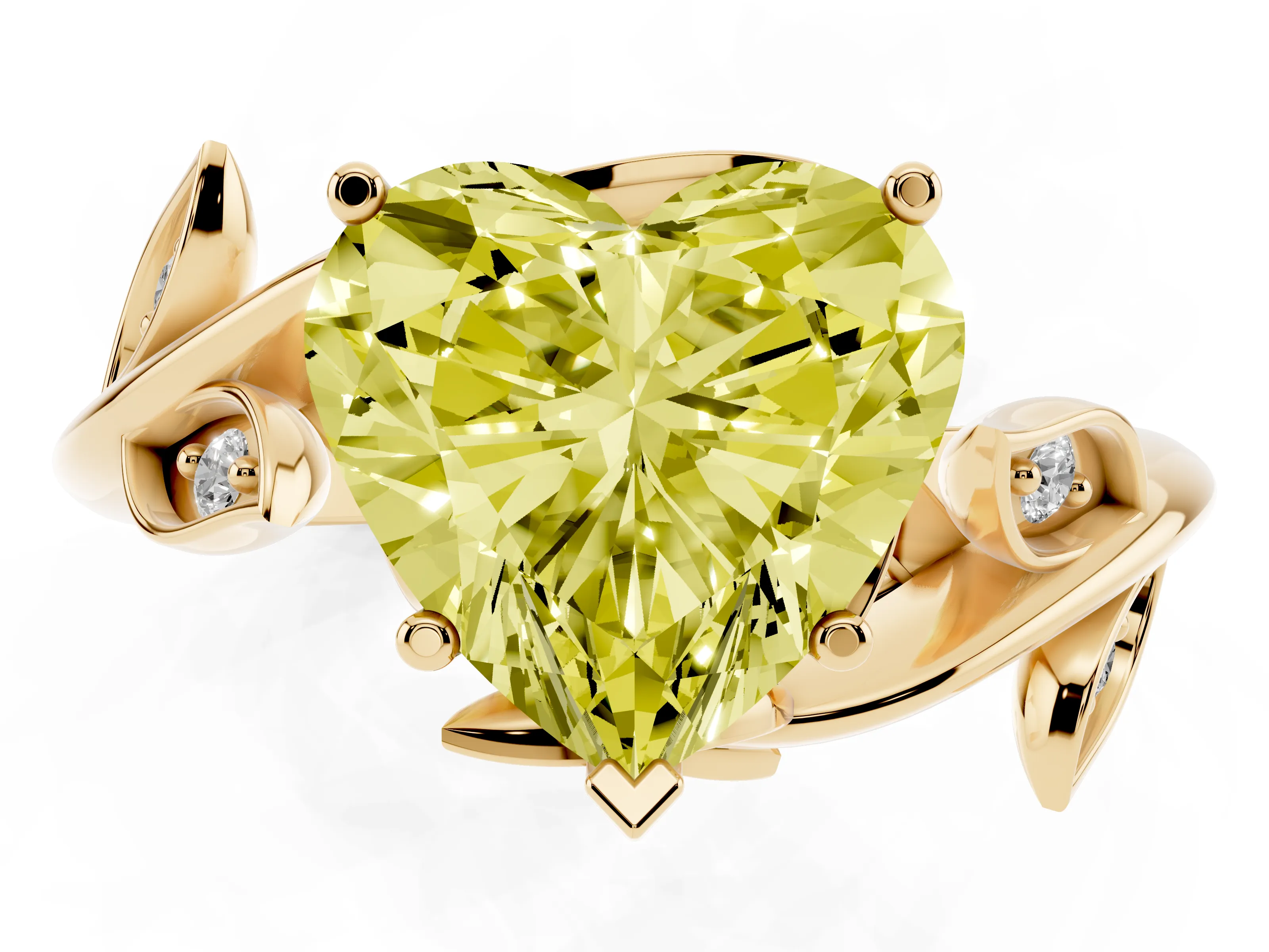 Fancy Yellow Heart Cut Diamond Solitaire Twist Engagement Ring Set in Yellow gold with Pavé Leaf Accents