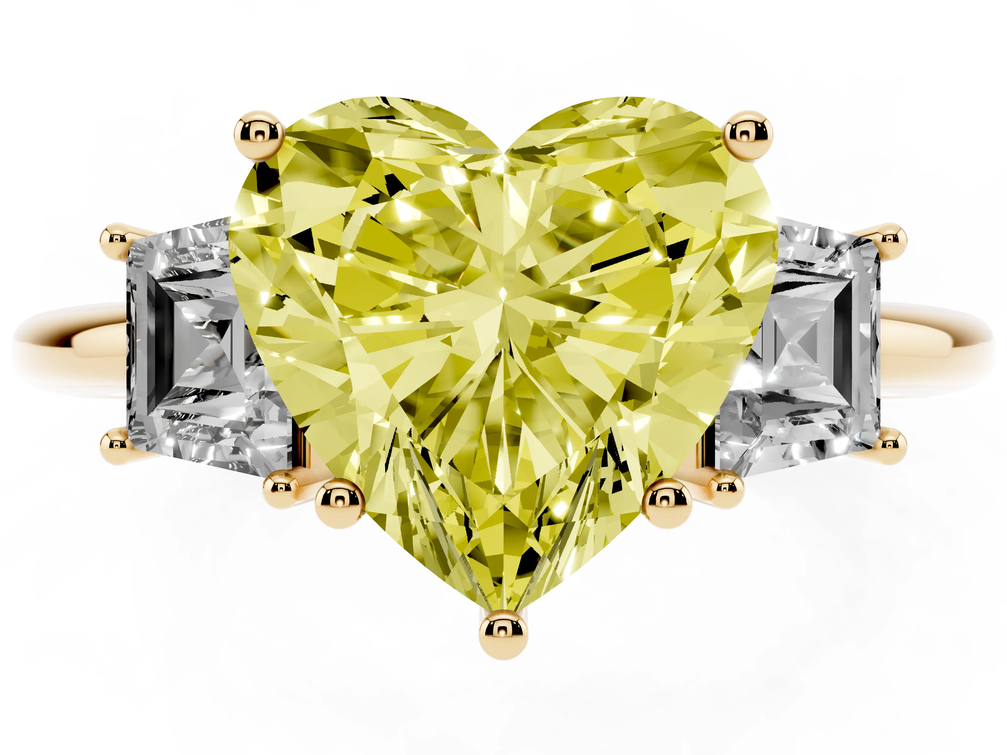 Fancy Yellow Heart Cut Diamond Three-Stone Ring Set in Yellow gold with Trapezoid Side Stones and Prong Setting