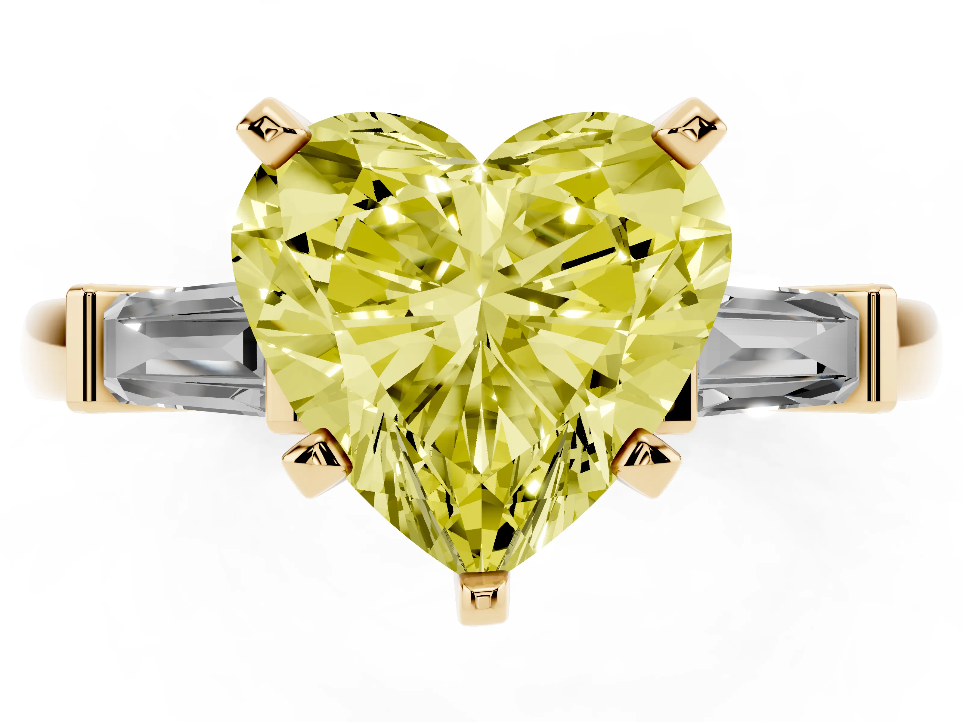 Fancy Yellow Heart Cut Diamond Solitaire Ring Set in Yellow gold with Tapered Baguette Accents and Prong Setting