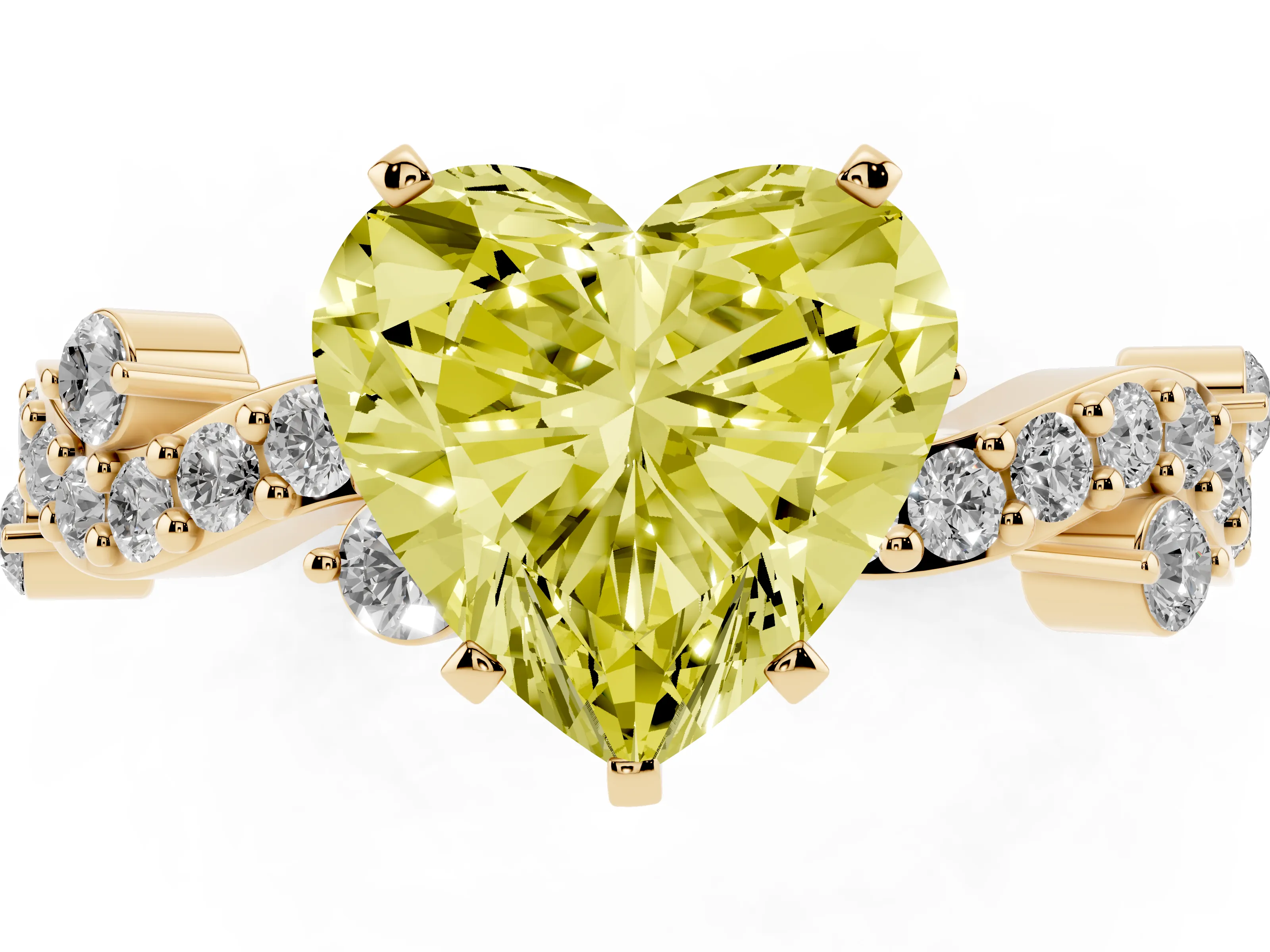 Fancy Yellow Heart Cut Diamond Solitaire Twisted Band Set in Yellow gold with Pavé Setting