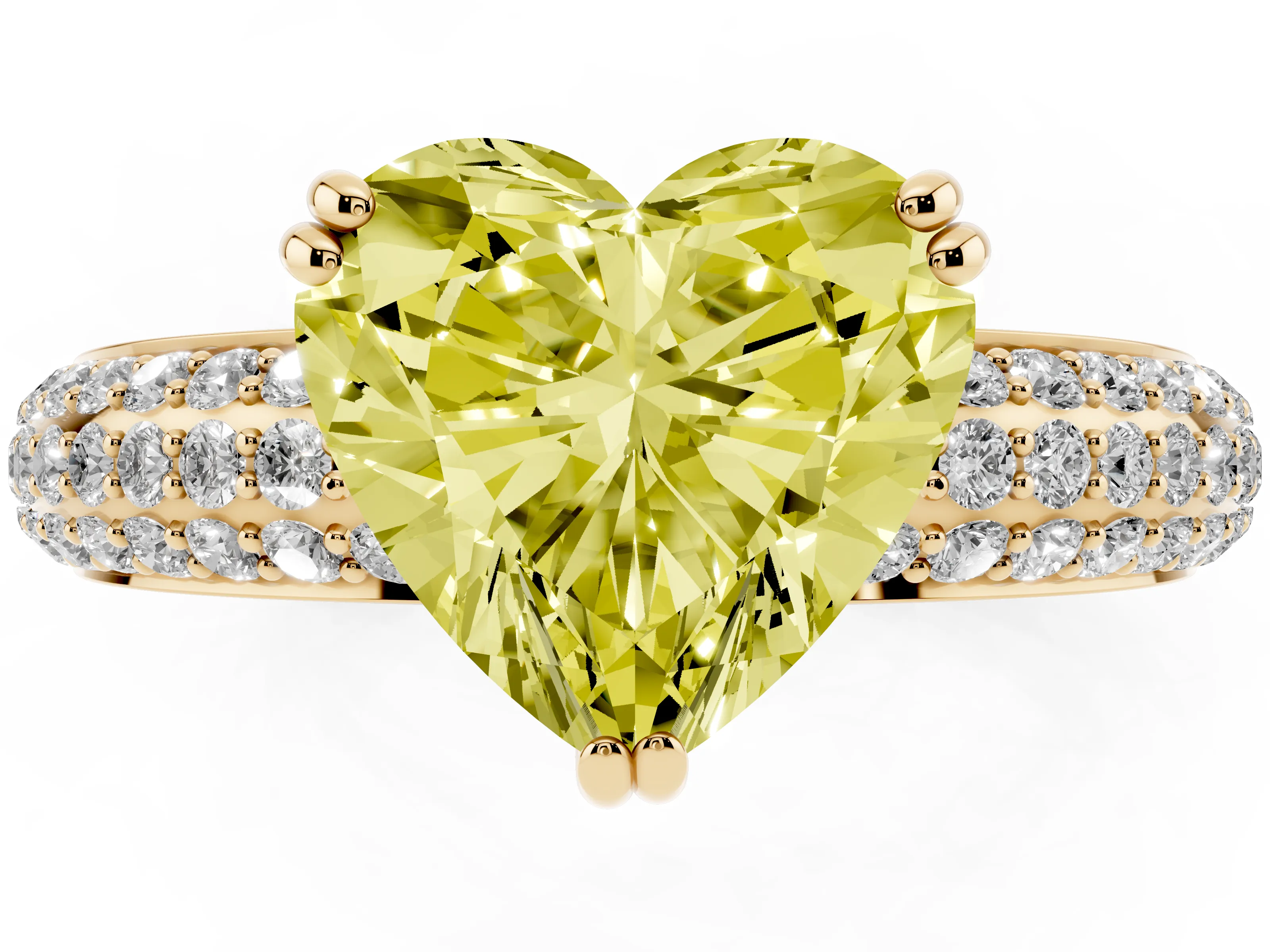 Fancy Yellow Heart Cut Diamond Solitaire Ring Set in Yellow gold with Multi-Row Round Pavé Band and Prong Setting
