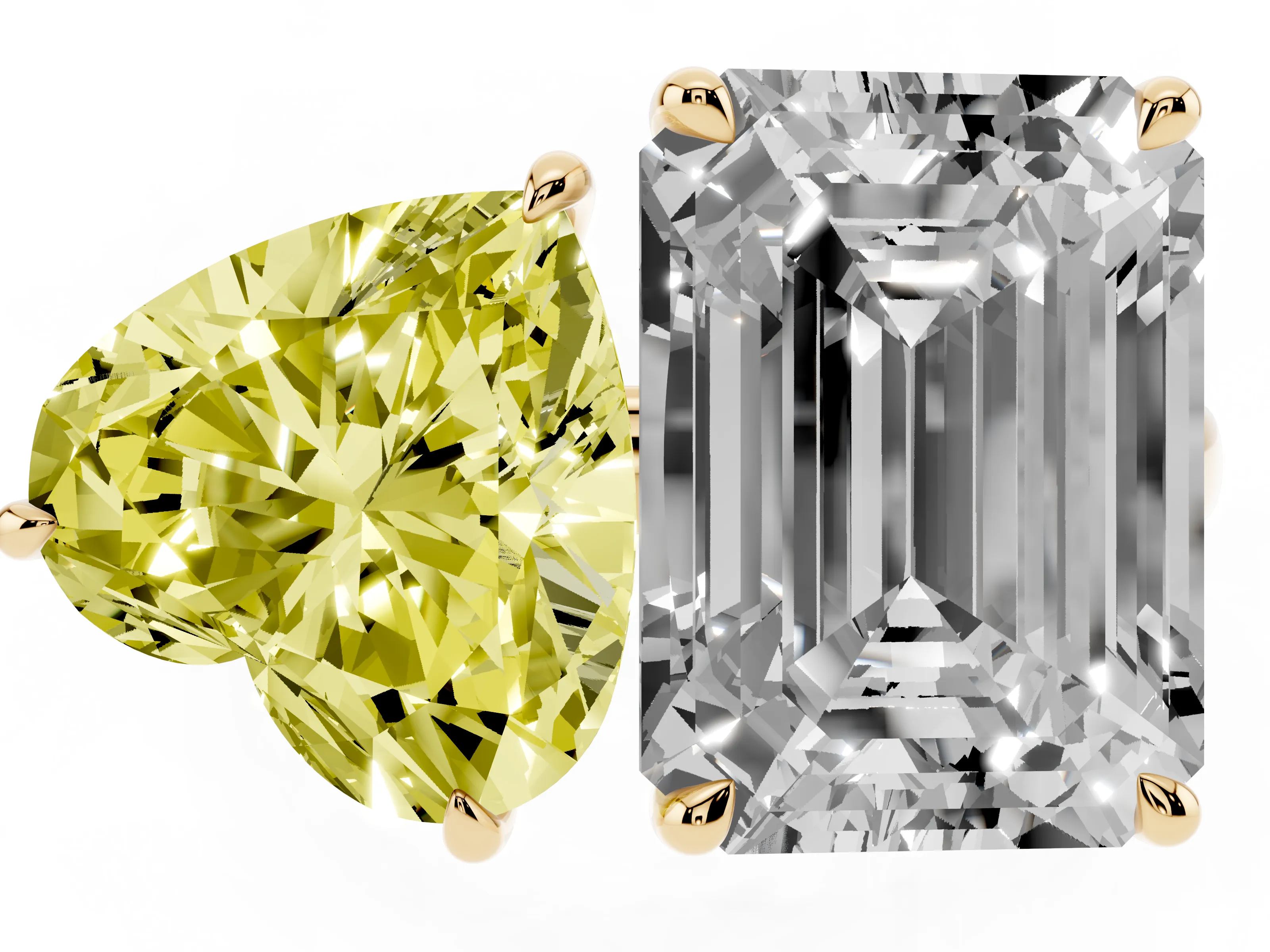 Fancy Yellow Heart Cut and Emerald Cut Toi Moi Ring Set in Yellow gold with Prong Setting