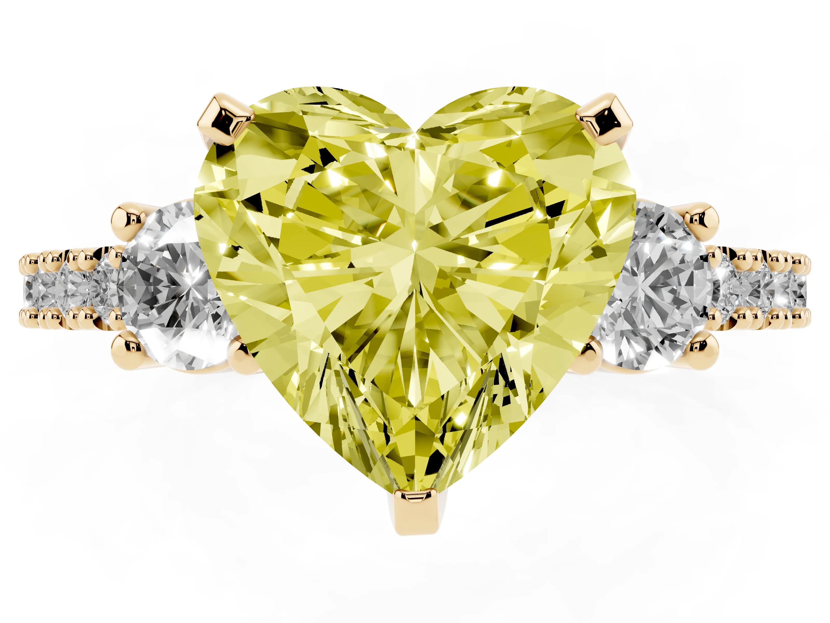 Fancy Yellow Three-Stone Heart Cut Diamond Pavé Band Ring Set in Yellow gold with Prong Setting