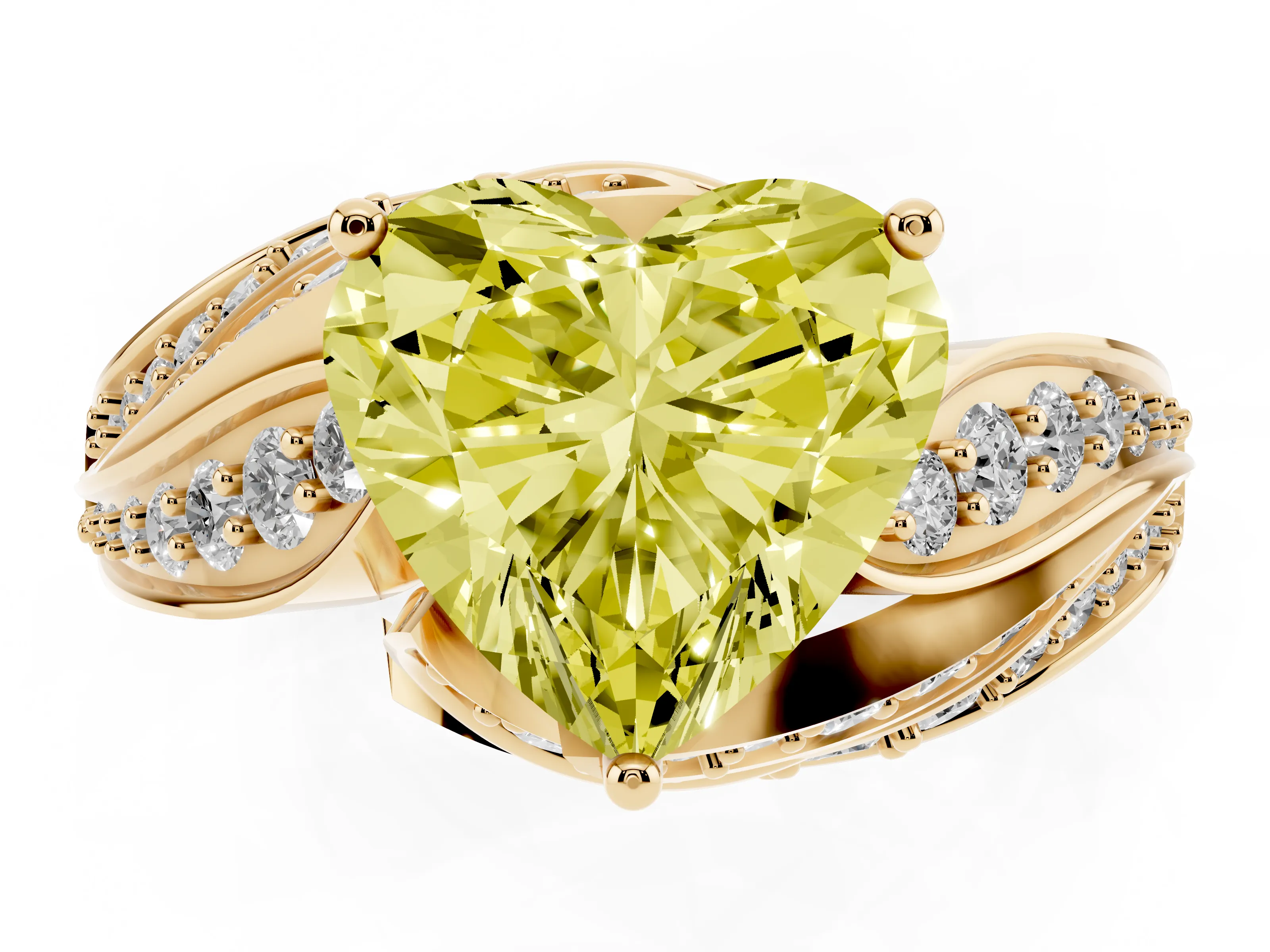 Fancy Yellow Heart Cut Diamond Solitaire Ring Set in Yellow gold with Layered Twist Pavé Band