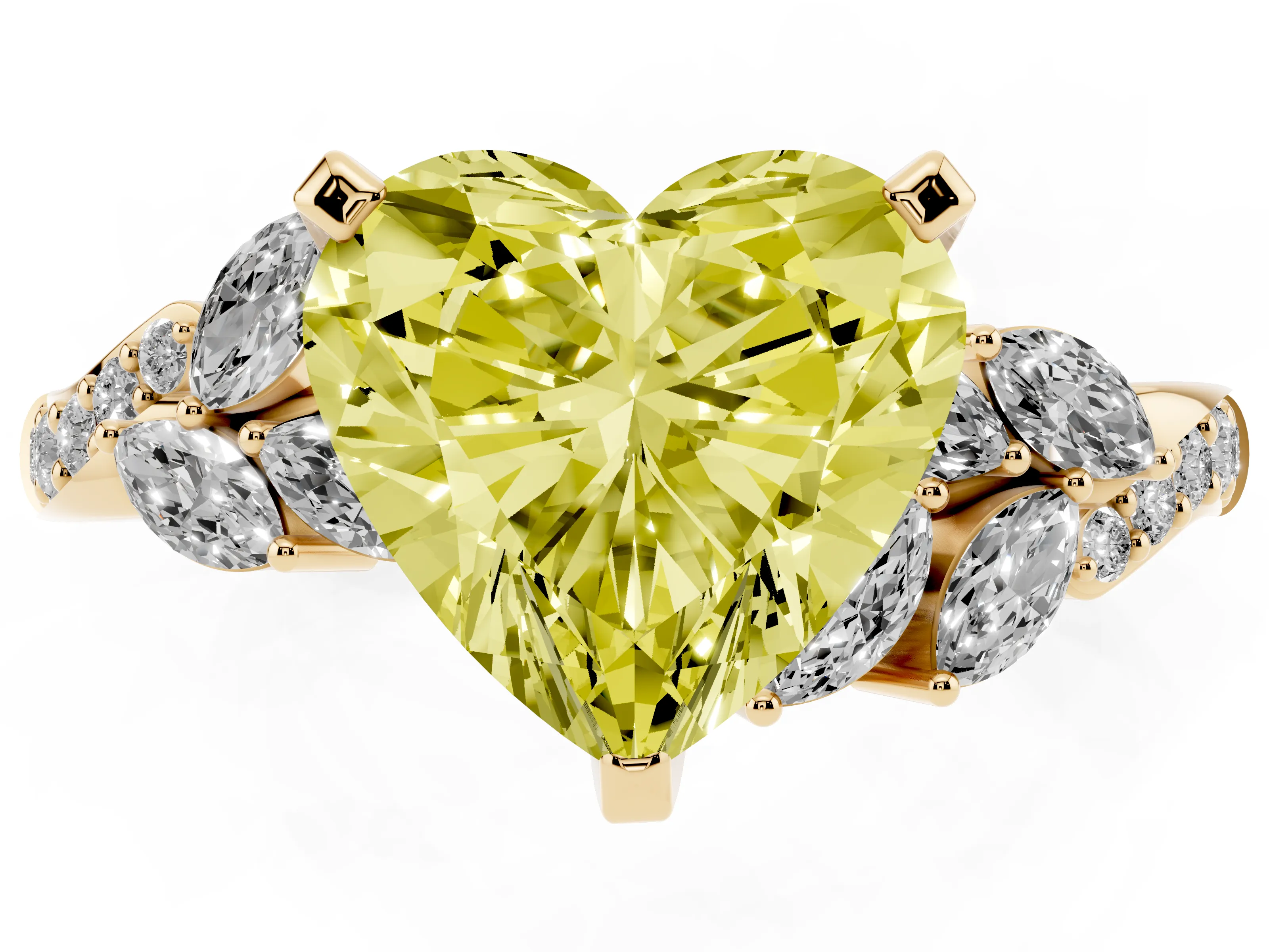 Fancy Yellow Heart Cut Diamond Solitaire Ring Set in Yellow gold with Marquise Twist Band and Prong Setting