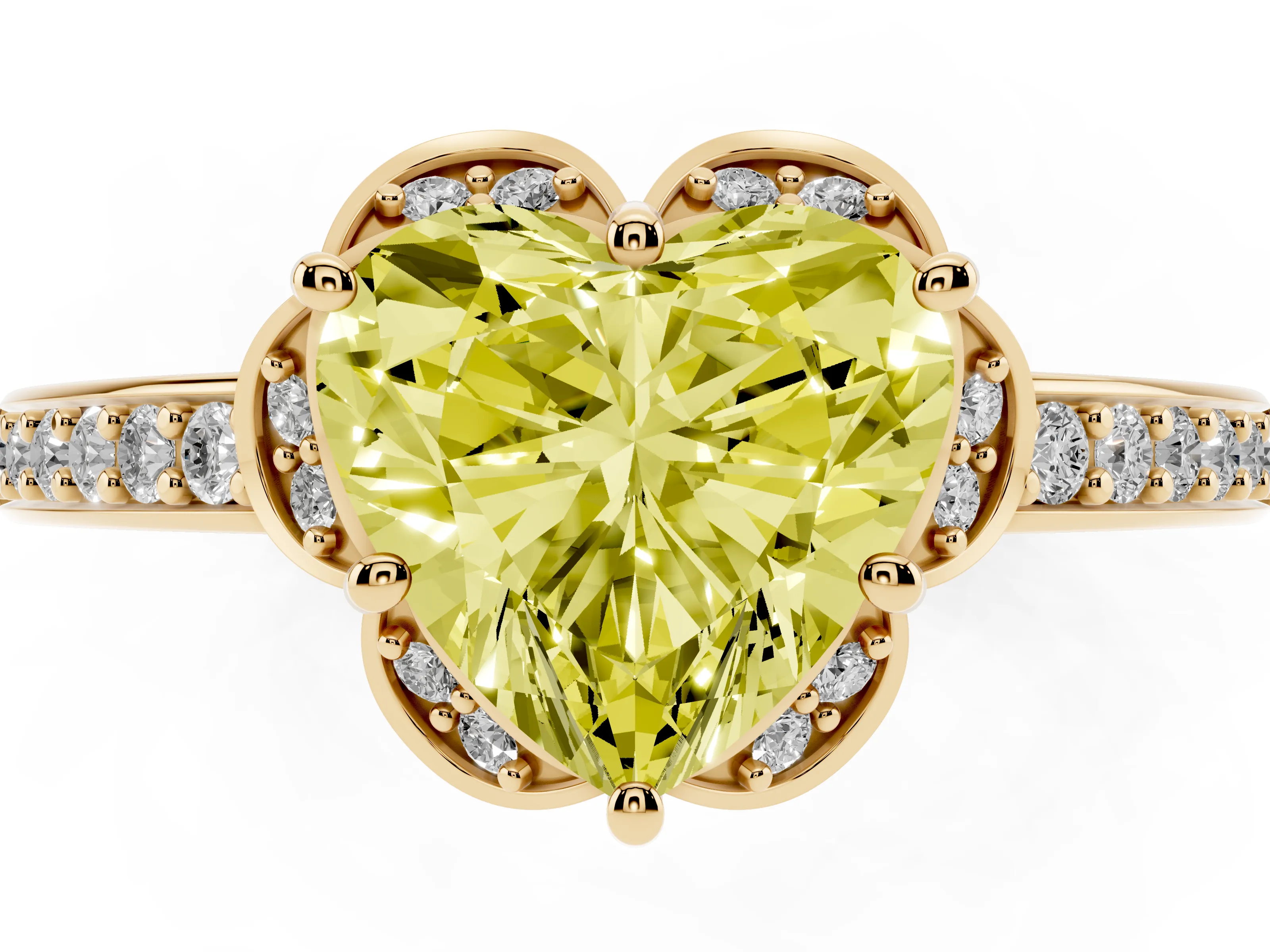 Fancy Yellow Heart Cut Diamond Halo Ring Set in Yellow gold with Channel Set Band and Prong Setting