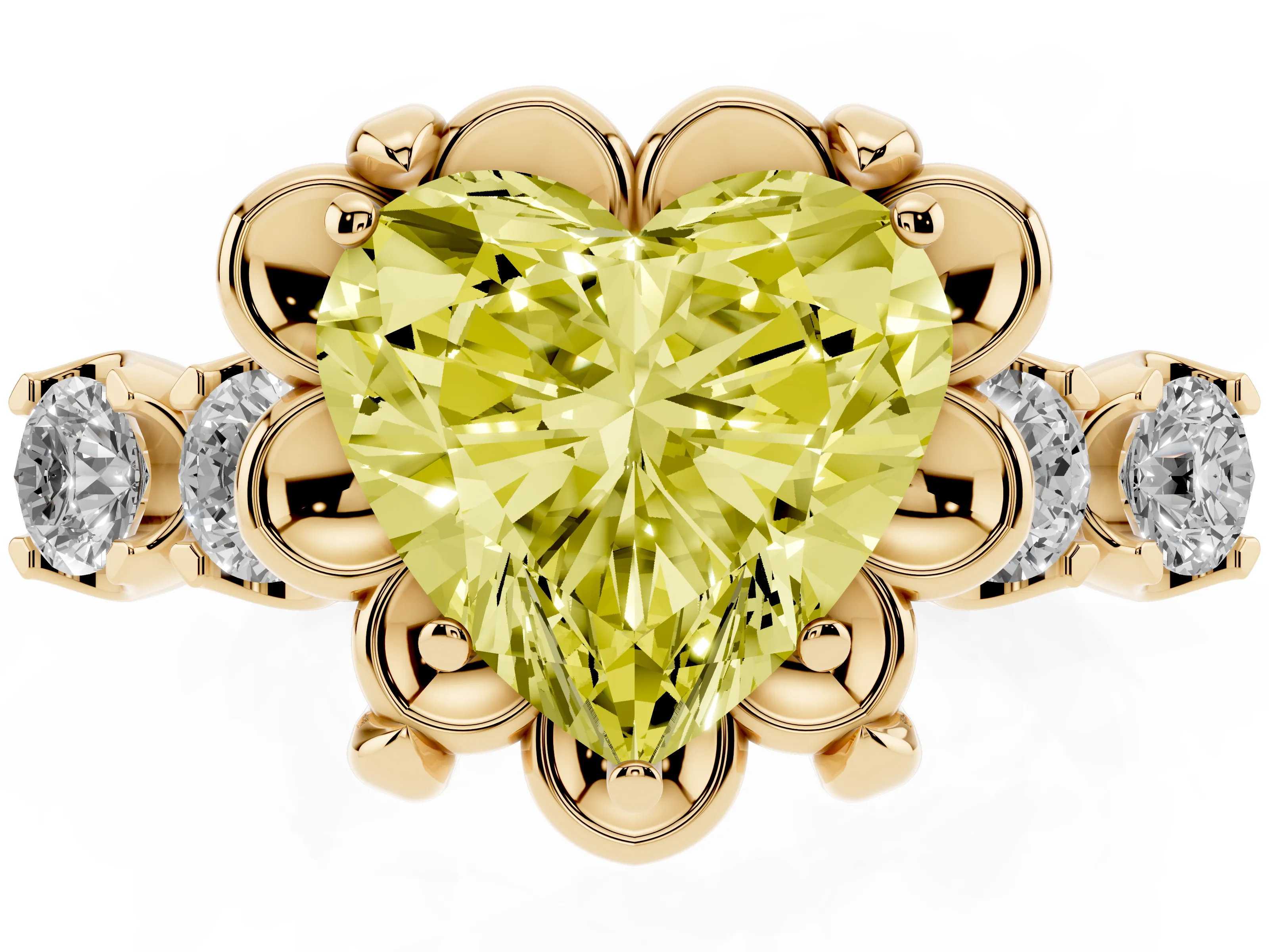 Fancy Yellow Heart Cut Diamond Floral Halo Ring Set in Yellow gold with Shared Prong Band