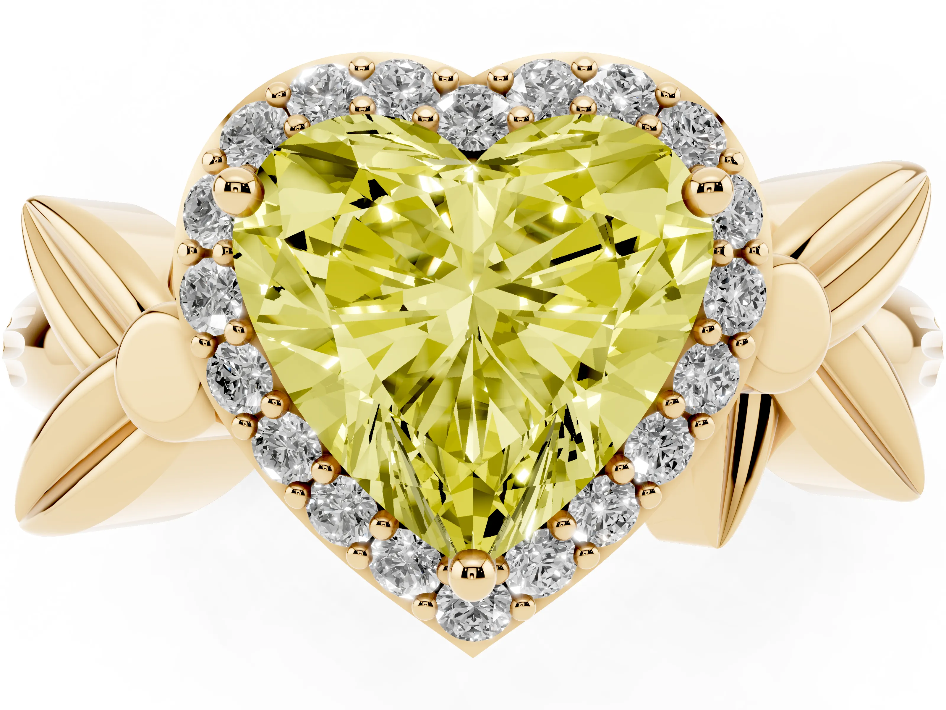 Fancy Yellow Heart Cut Diamond Halo Floral Band Ring Set in Yellow gold with Prong Setting