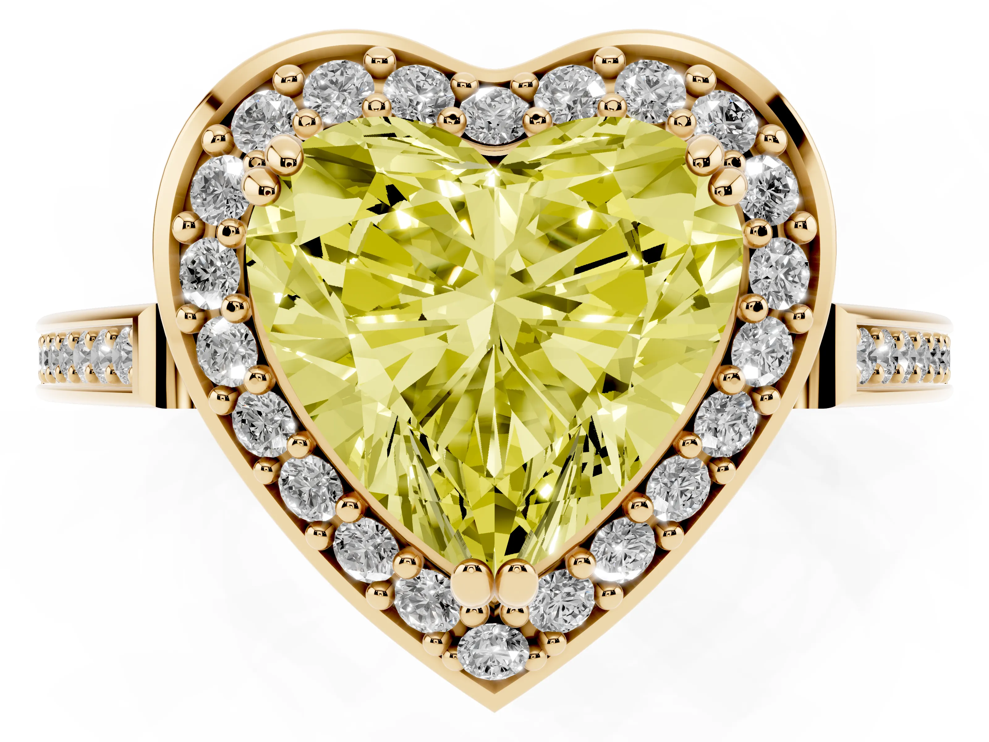 Fancy Yellow Heart Cut Diamond Halo Ring Set in Yellow gold with Accent-Lined Split Shank and Prong Setting