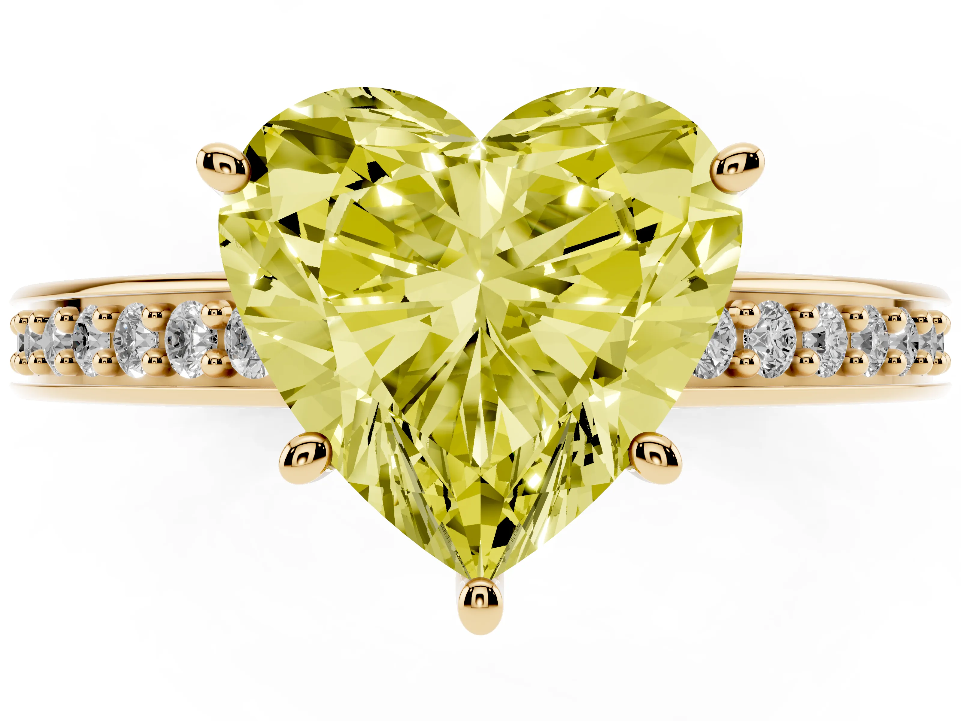 Fancy Yellow Heart Cut Diamond Pavé Band Prong Set Solitaire Ring Set in Yellow gold