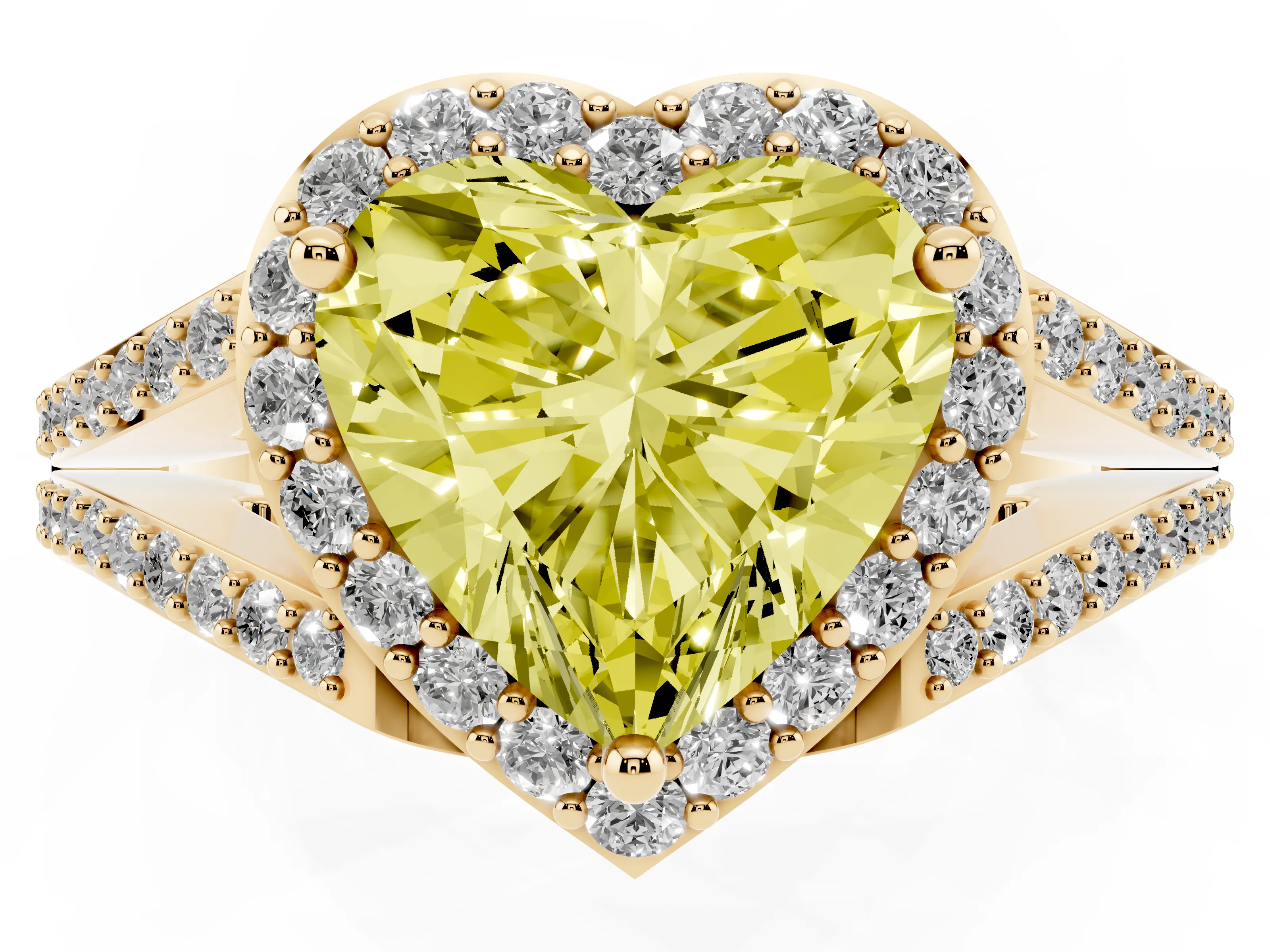 Fancy Yellow Heart Cut Diamond Halo Split Shank Pavé Ring Set in Yellow gold with Prong Setting