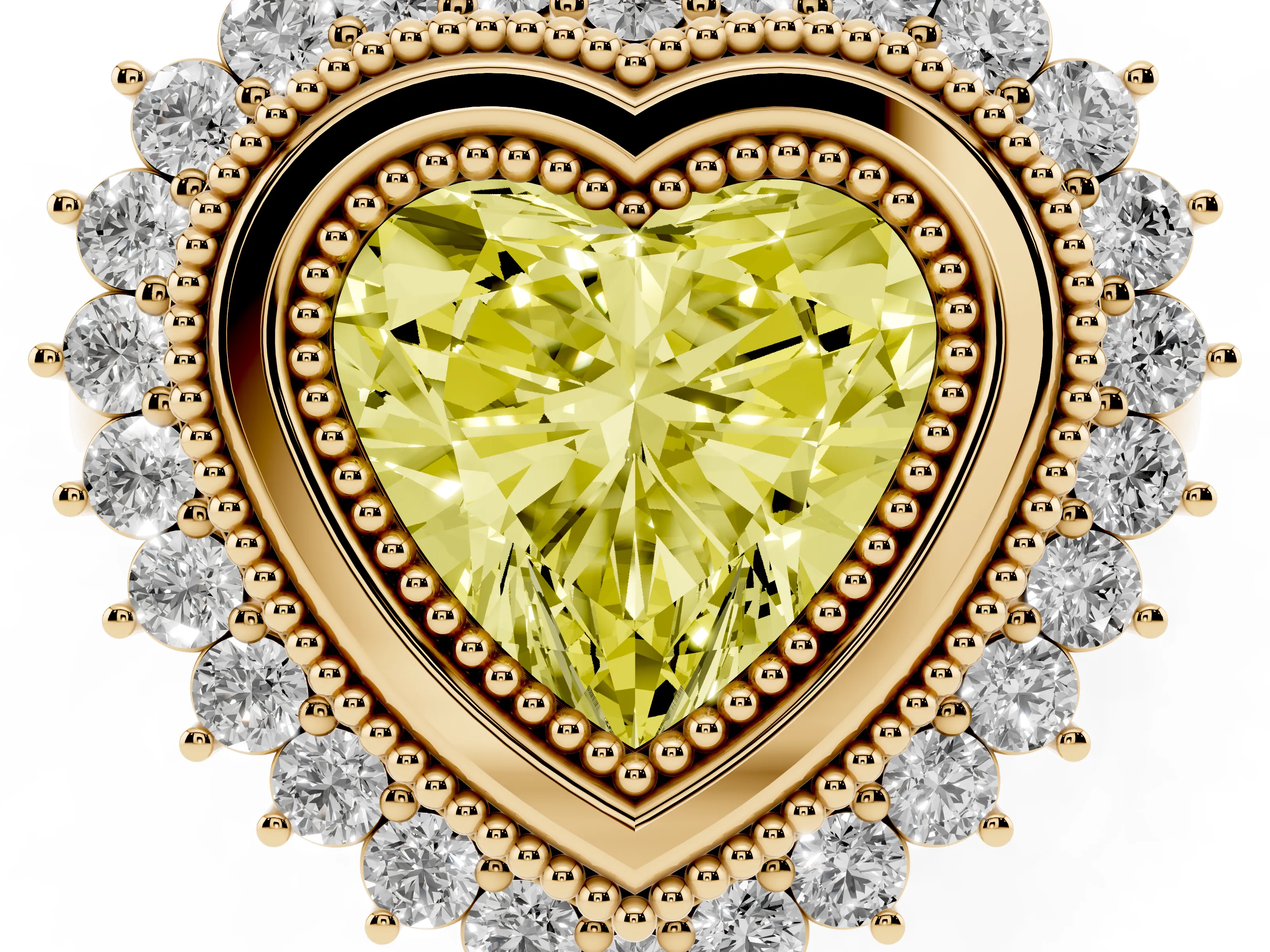 Fancy Yellow Heart Cut Diamond Halo Ring Set in Yellow gold with Milgrain Edge and Round Prong Setting