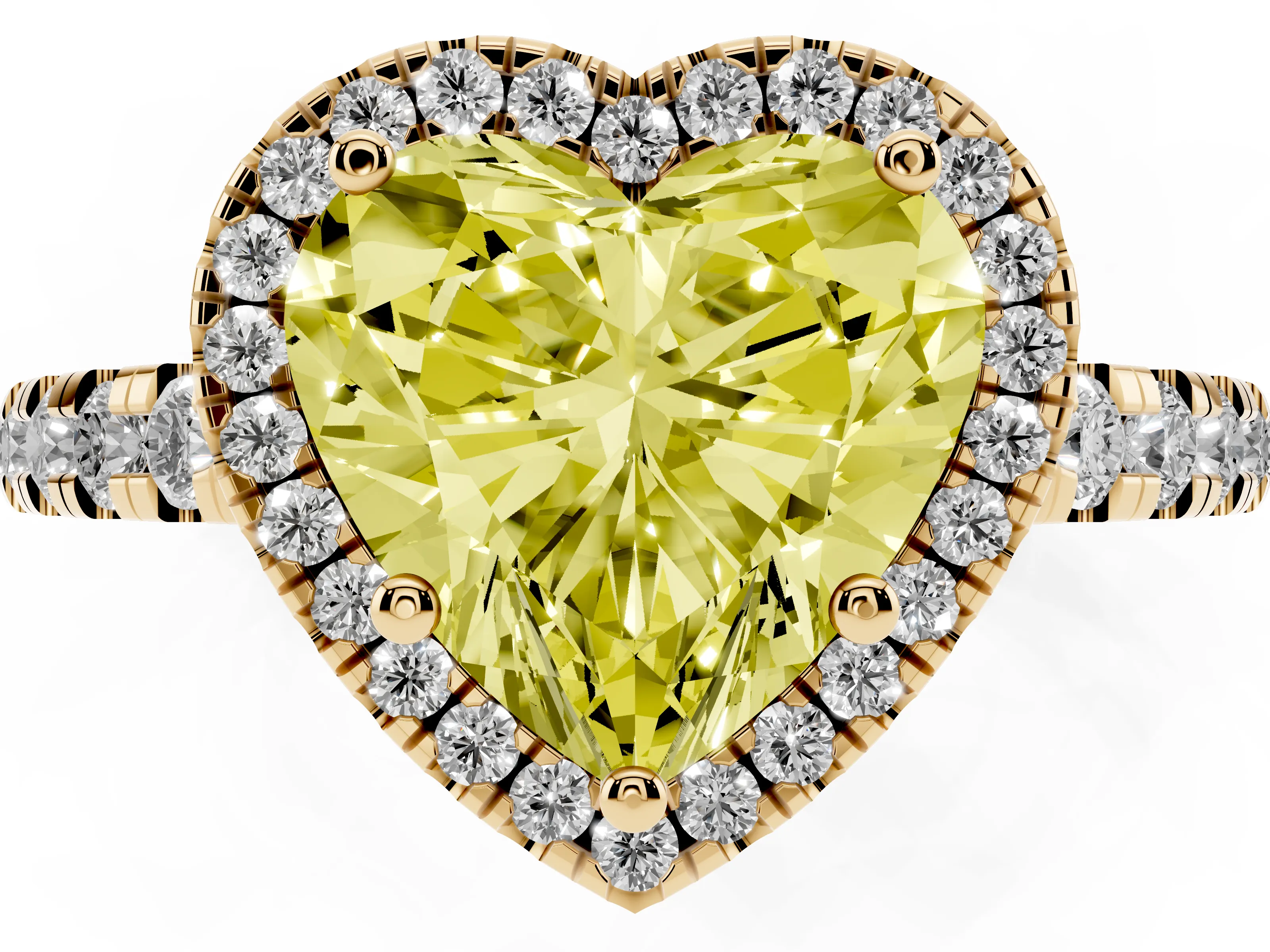 Fancy Yellow Heart Cut Diamond Halo Ring Set in Yellow gold with Delicate Pavé Band and Prong Setting