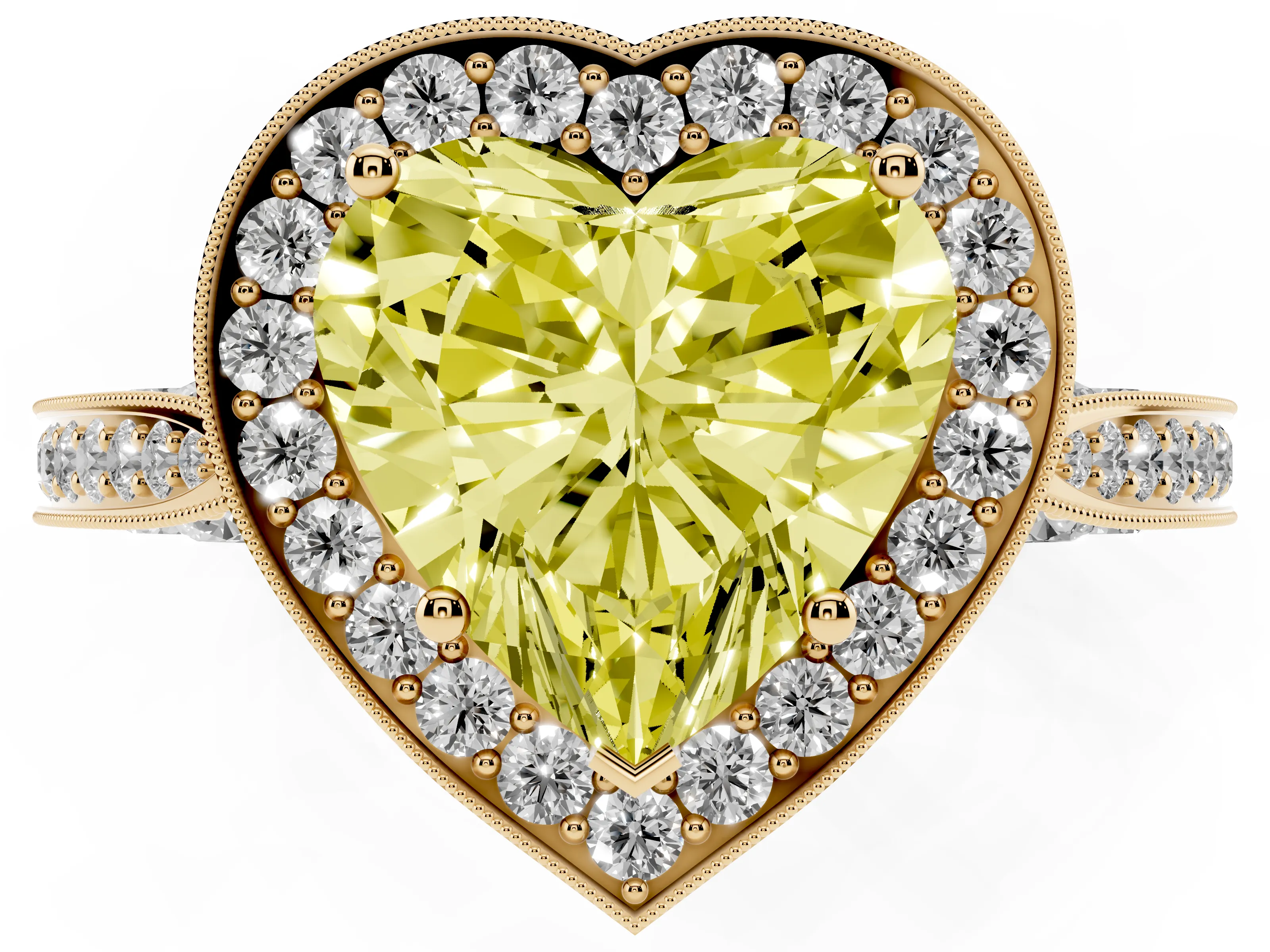 Fancy Yellow Heart Cut Diamond Halo Engagement Ring Set in Yellow gold with Accent Split Shank Band