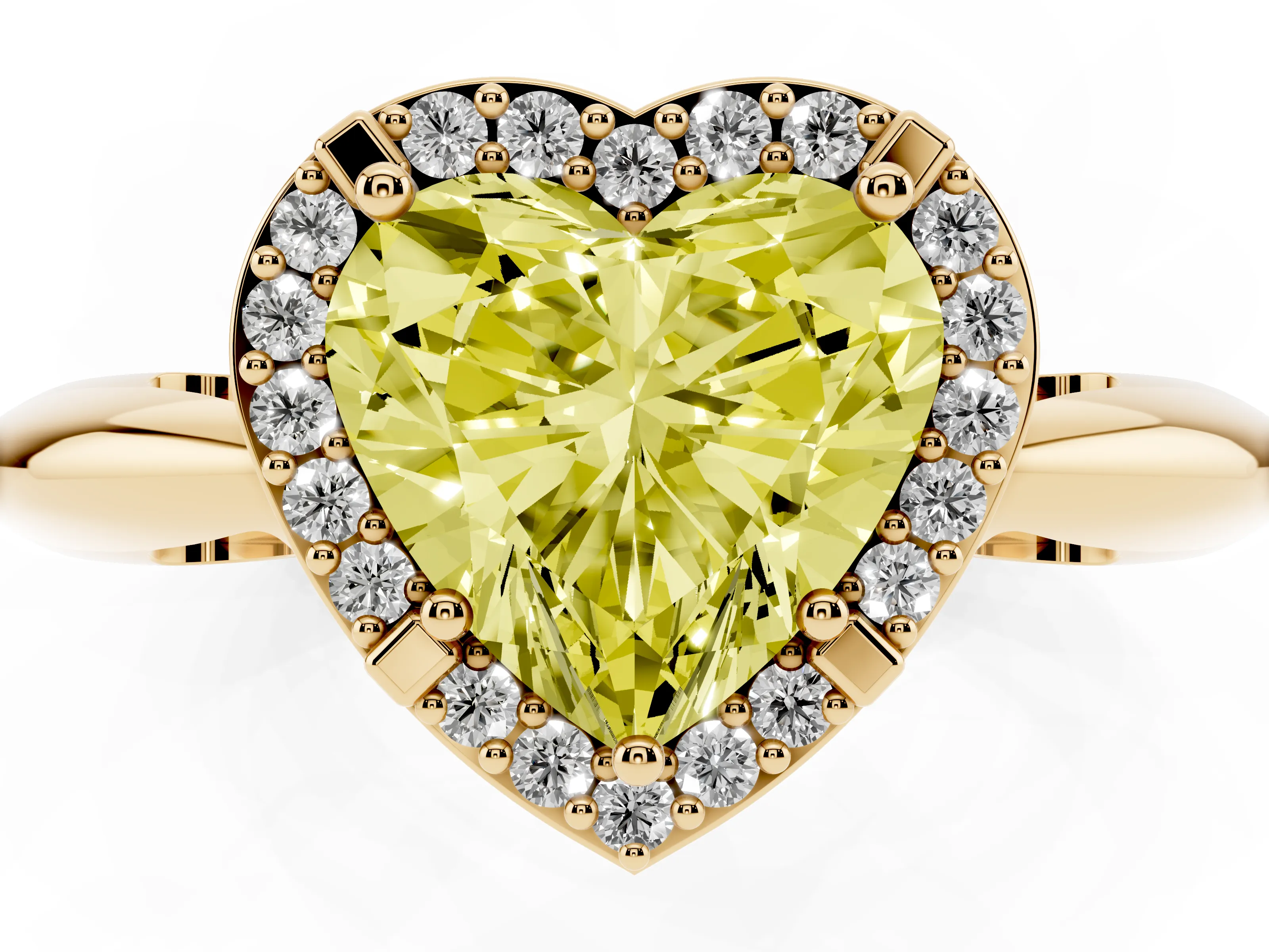 Fancy Yellow Heart Cut Diamond Halo Engagement Ring Set in Yellow gold with Plain Split Shank and Prong Setting