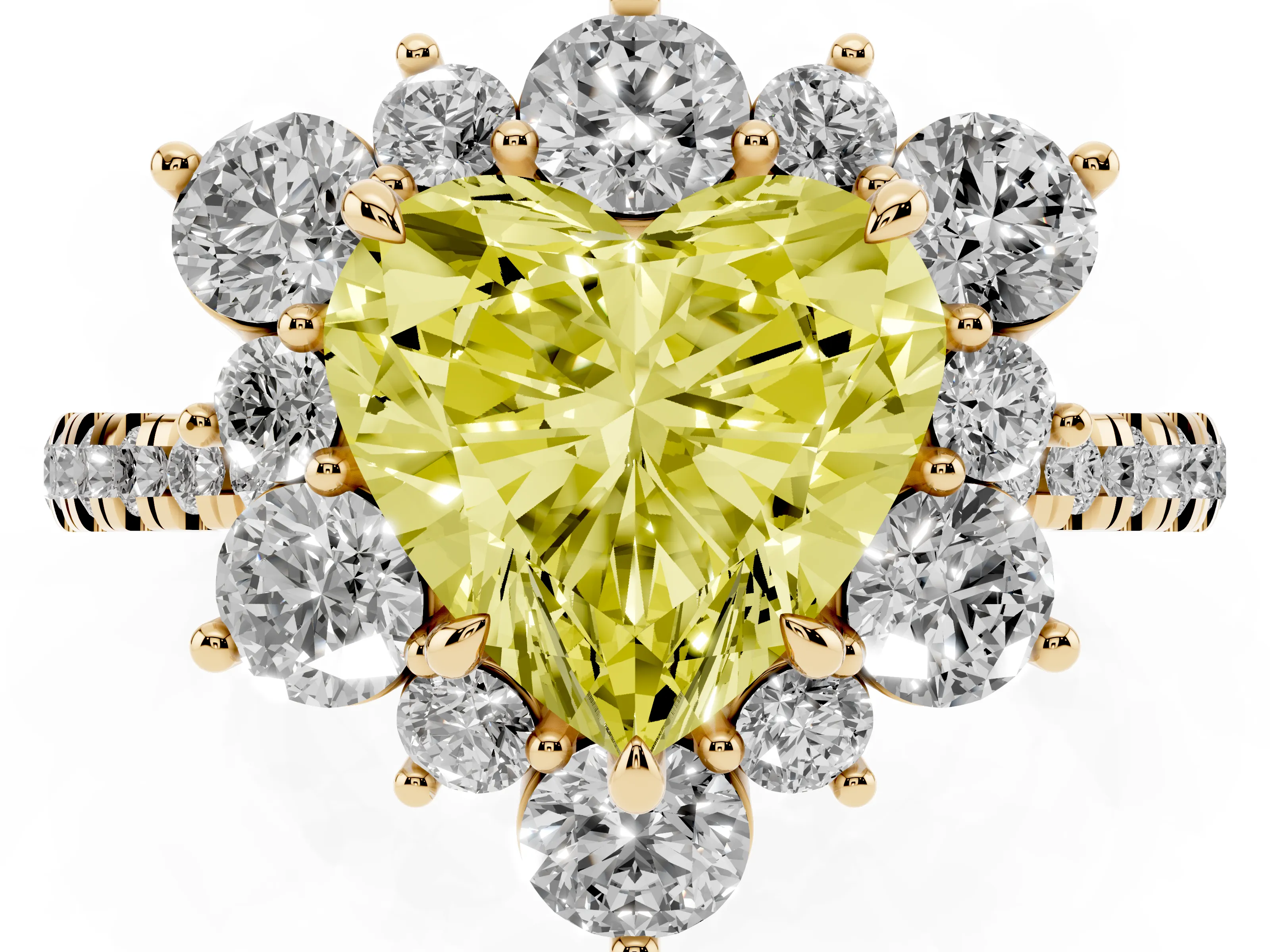 Fancy Yellow Heart Cut Diamond Floral Halo Ring Set in Yellow gold with Round Pavé Band and Prong Setting