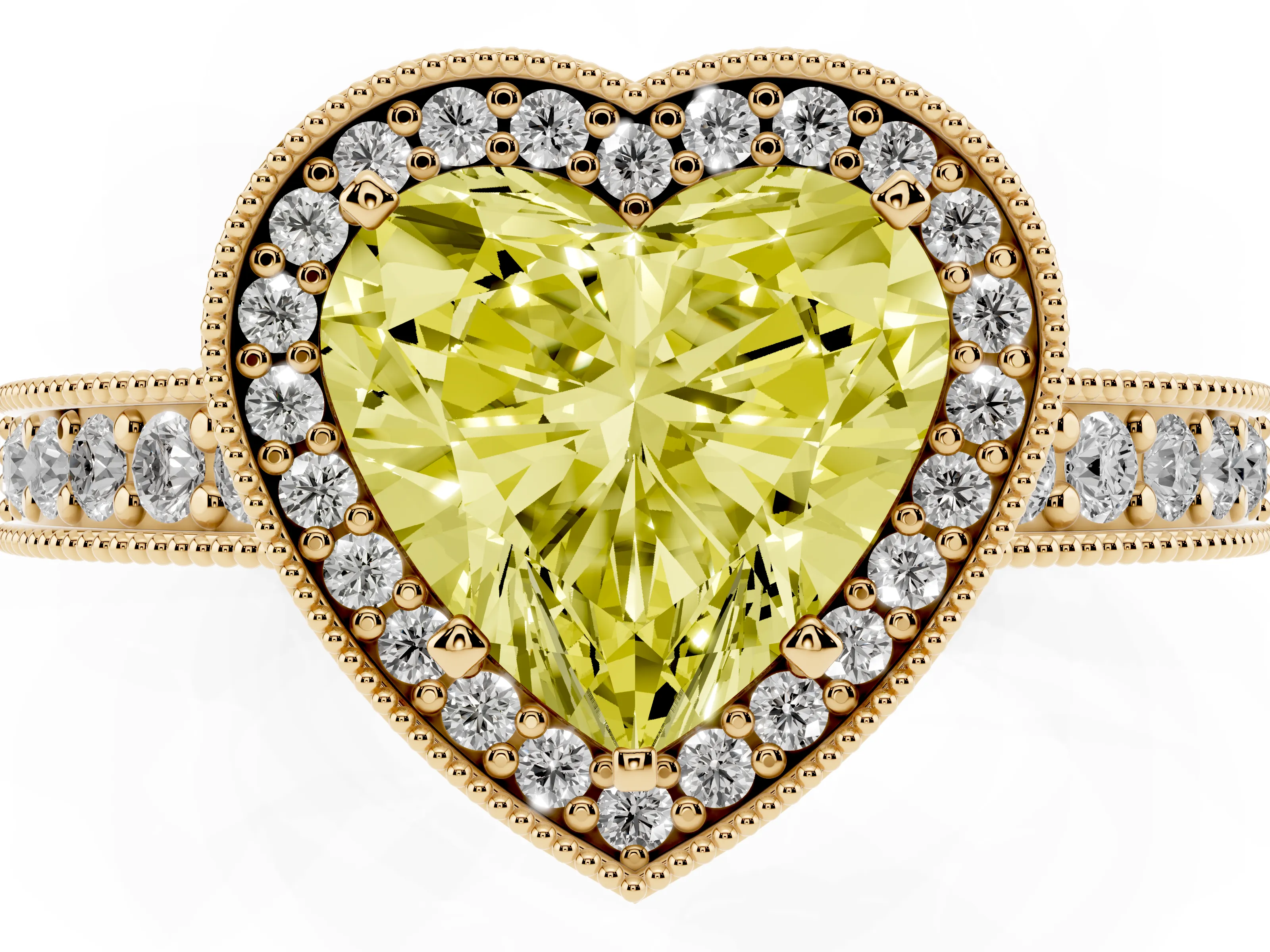 Fancy Yellow Heart Cut Diamond Halo Pavé Band Ring Set in Yellow gold with Prong-Set Center