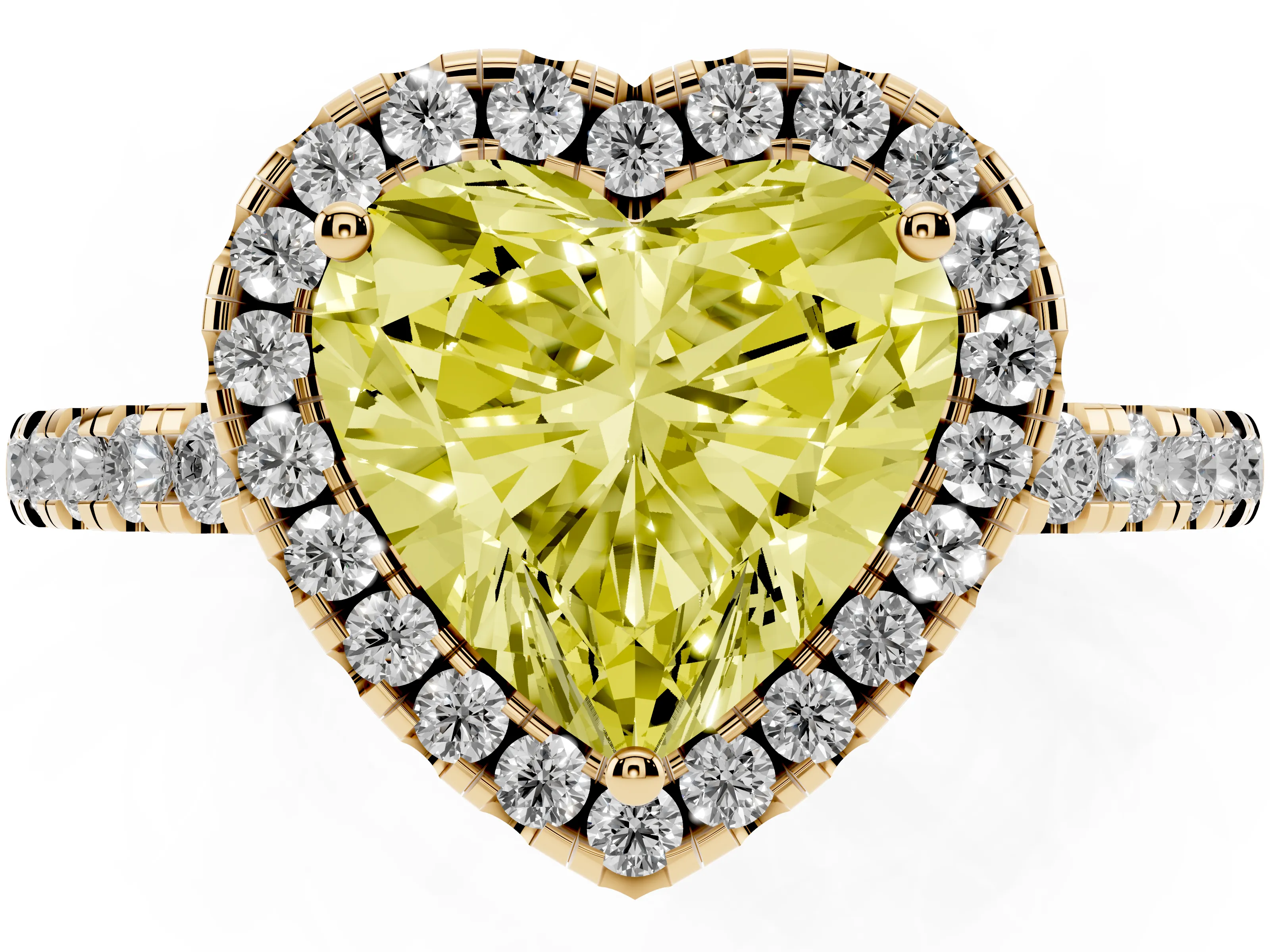 Fancy Yellow Heart Cut Diamond Pavé Band Halo Engagement Ring Set in Yellow gold with Prong Setting