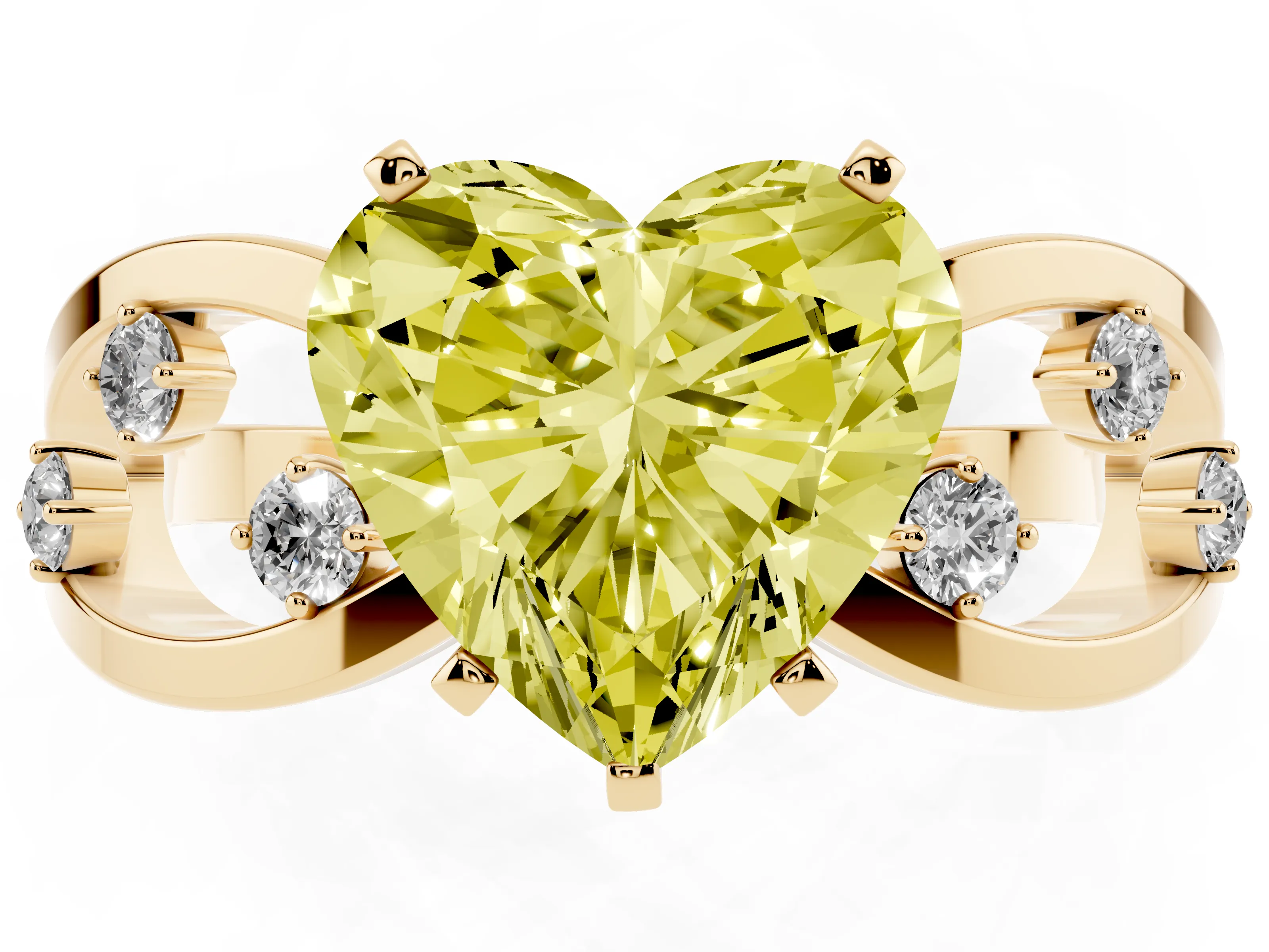 Fancy Yellow Heart Cut Diamond Solitaire Ring Set in Yellow gold with Side Stones on Criss-Cross Band and Prong Setting