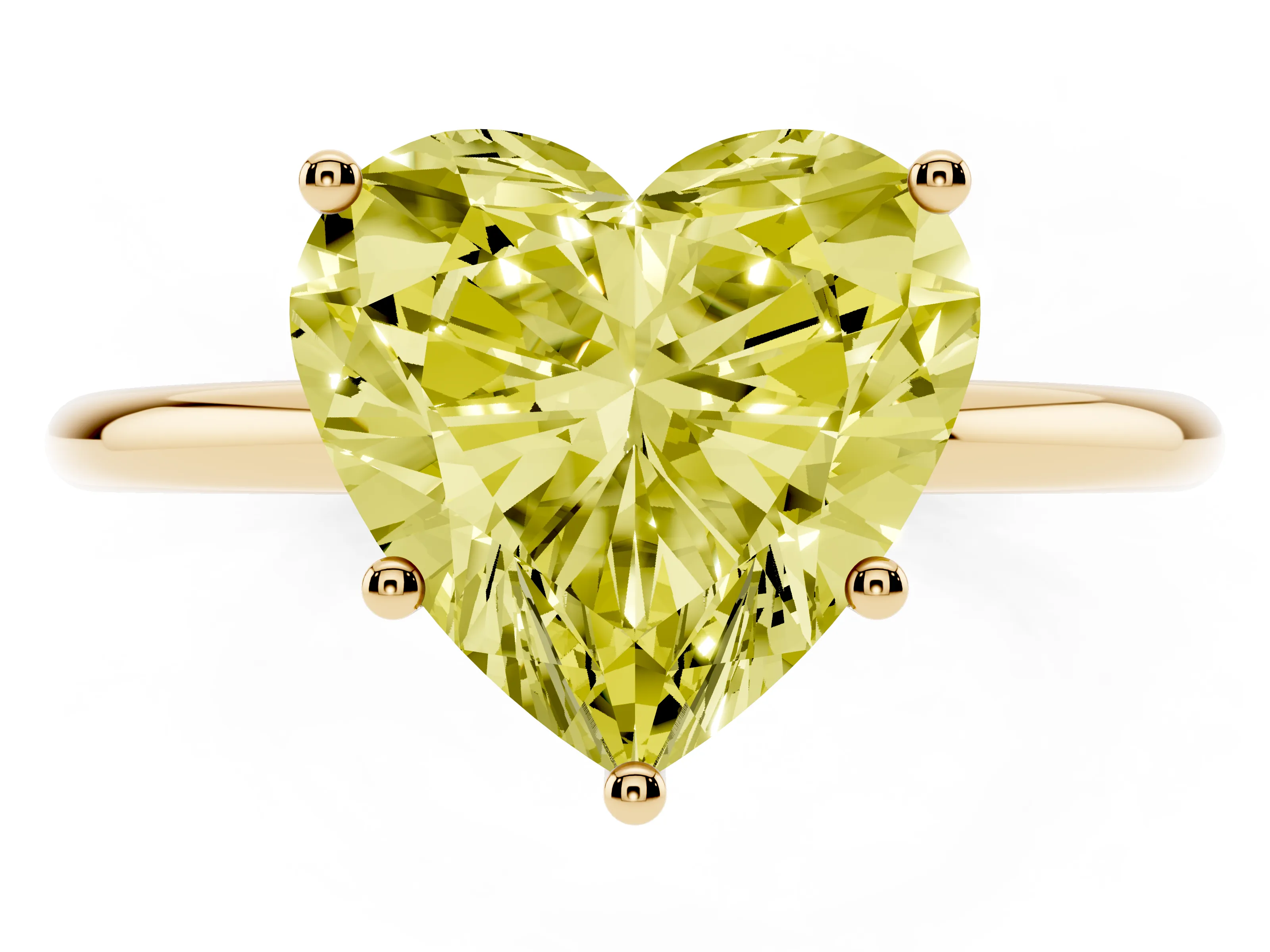 Fancy Yellow Heart Cut Diamond Solitaire Engagement Ring Set in Yellow gold with Thin Band and Prong Setting