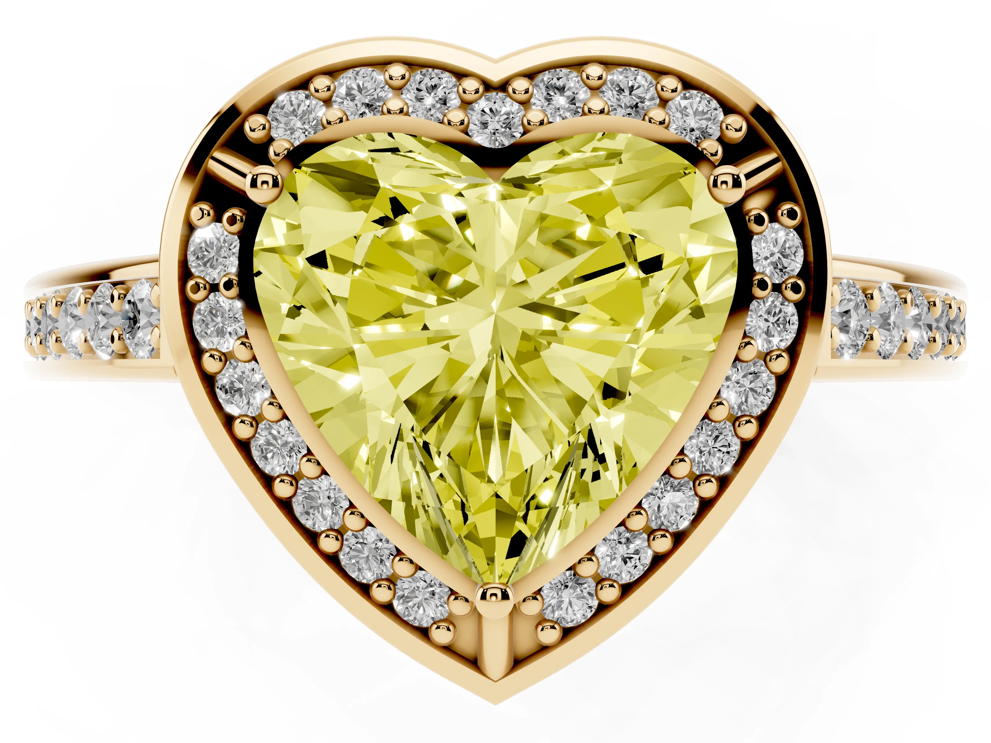 Fancy Yellow Heart Cut Diamond Halo Pavé Split Shank Ring Set in Yellow gold with Prong Setting
