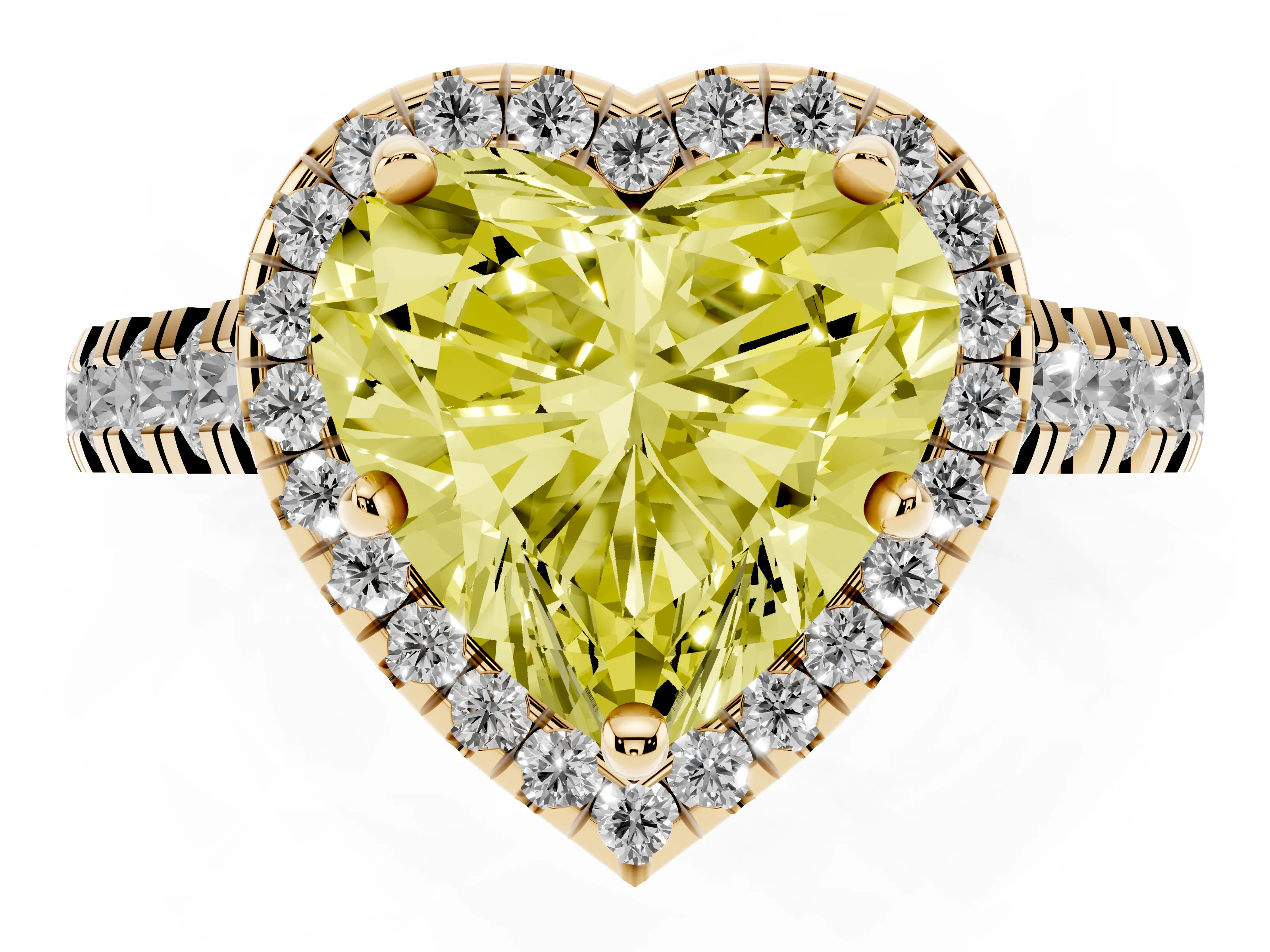 Fancy Yellow Heart Cut Diamond Halo Engagement Ring Set in Yellow gold with Pavé Band and Prong-Set Center