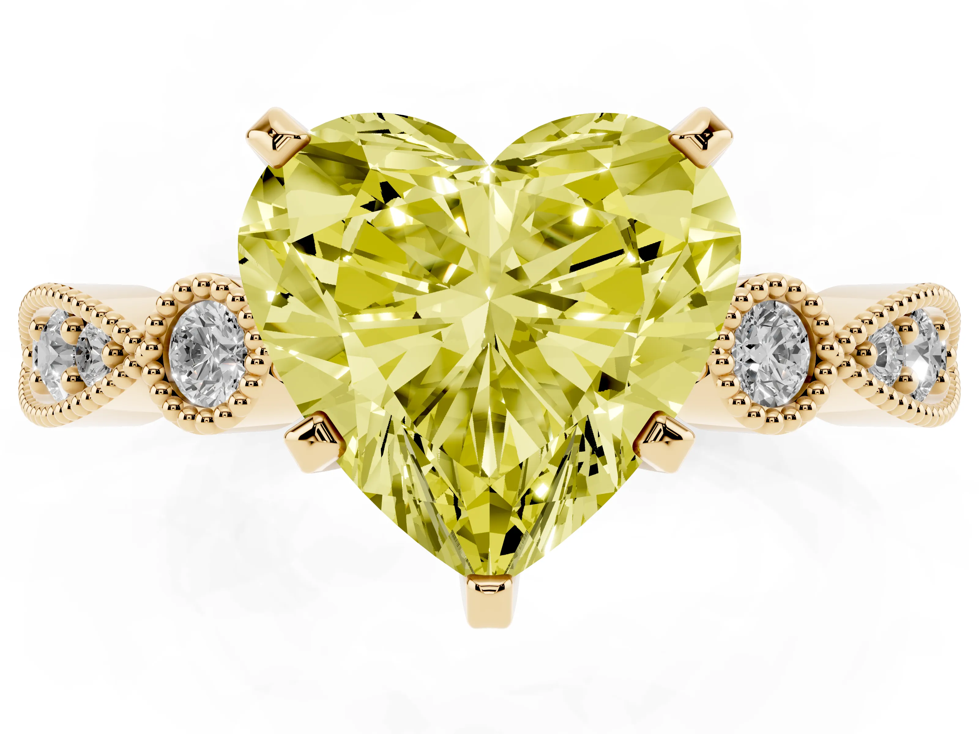 Fancy Yellow Heart Cut Diamond Solitaire Engagement Ring Set in Yellow gold with Milgrain Bezel Accent Band