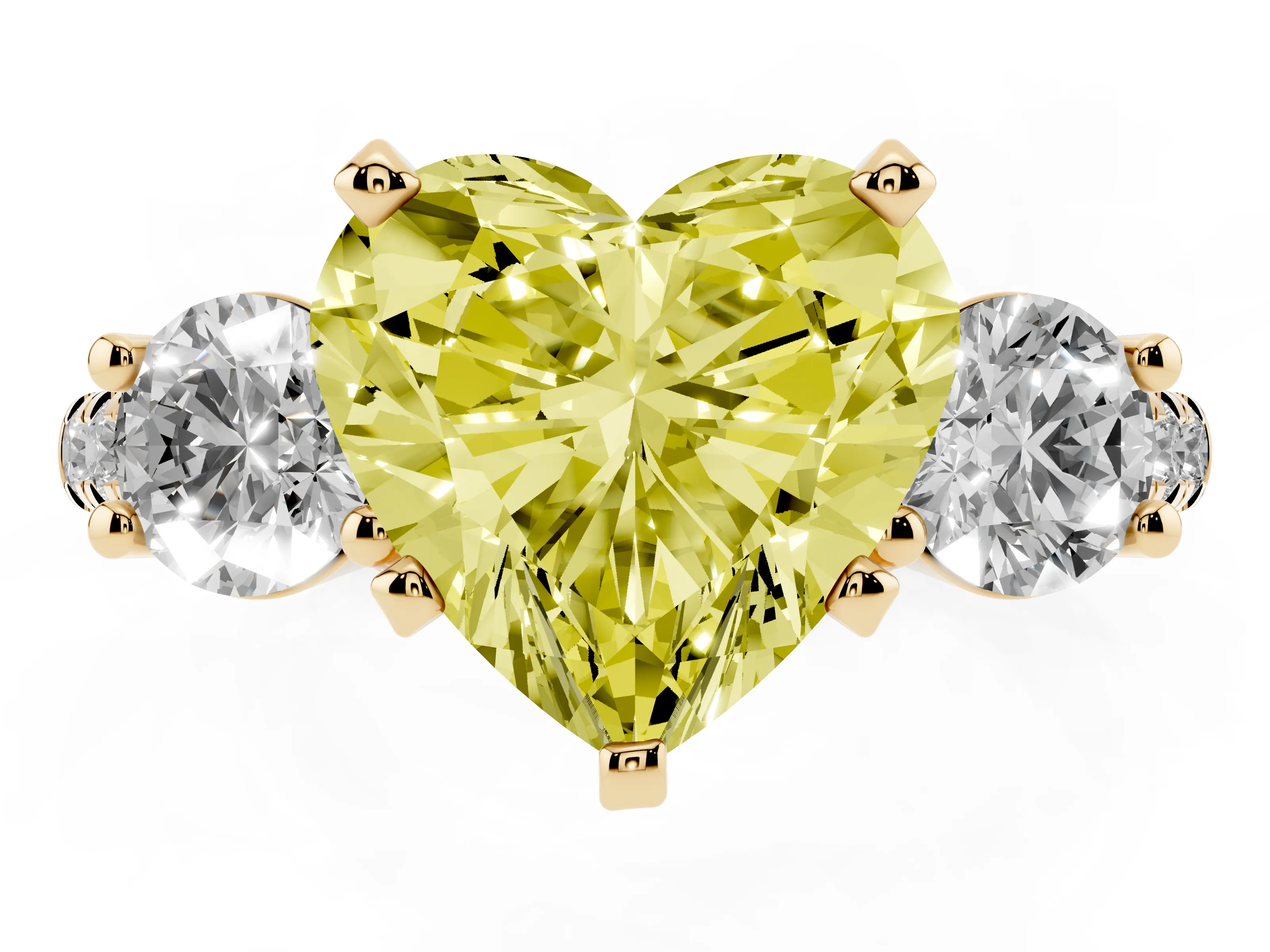 Fancy Yellow Three-Stone Heart Cut Diamond Pavé Band Ring Set in Yellow gold with Prong-Set Trio
