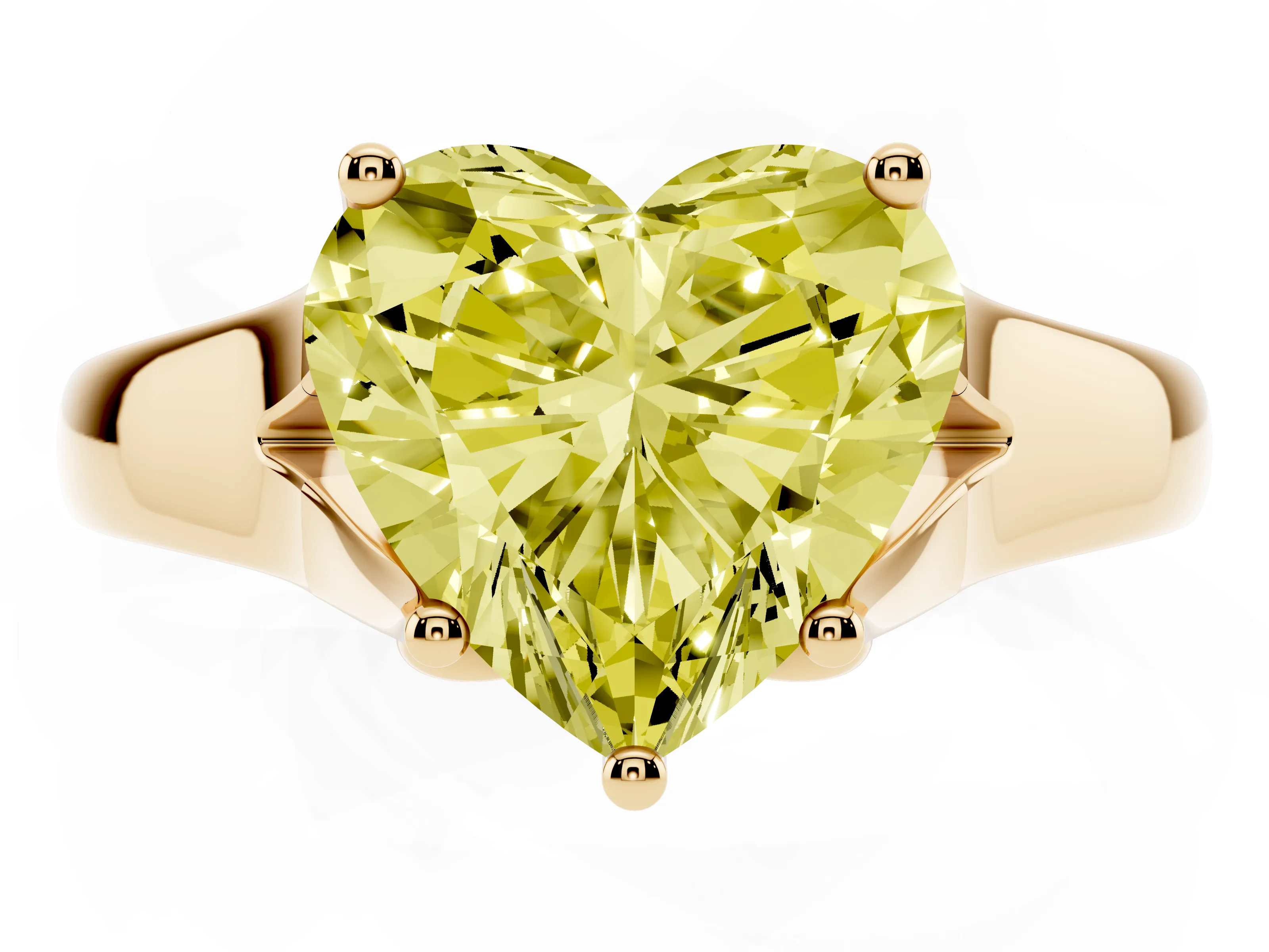 Fancy Yellow Heart Cut Diamond Solitaire Ring Set in Yellow gold with Arched Cathedral Band and Prong Setting
