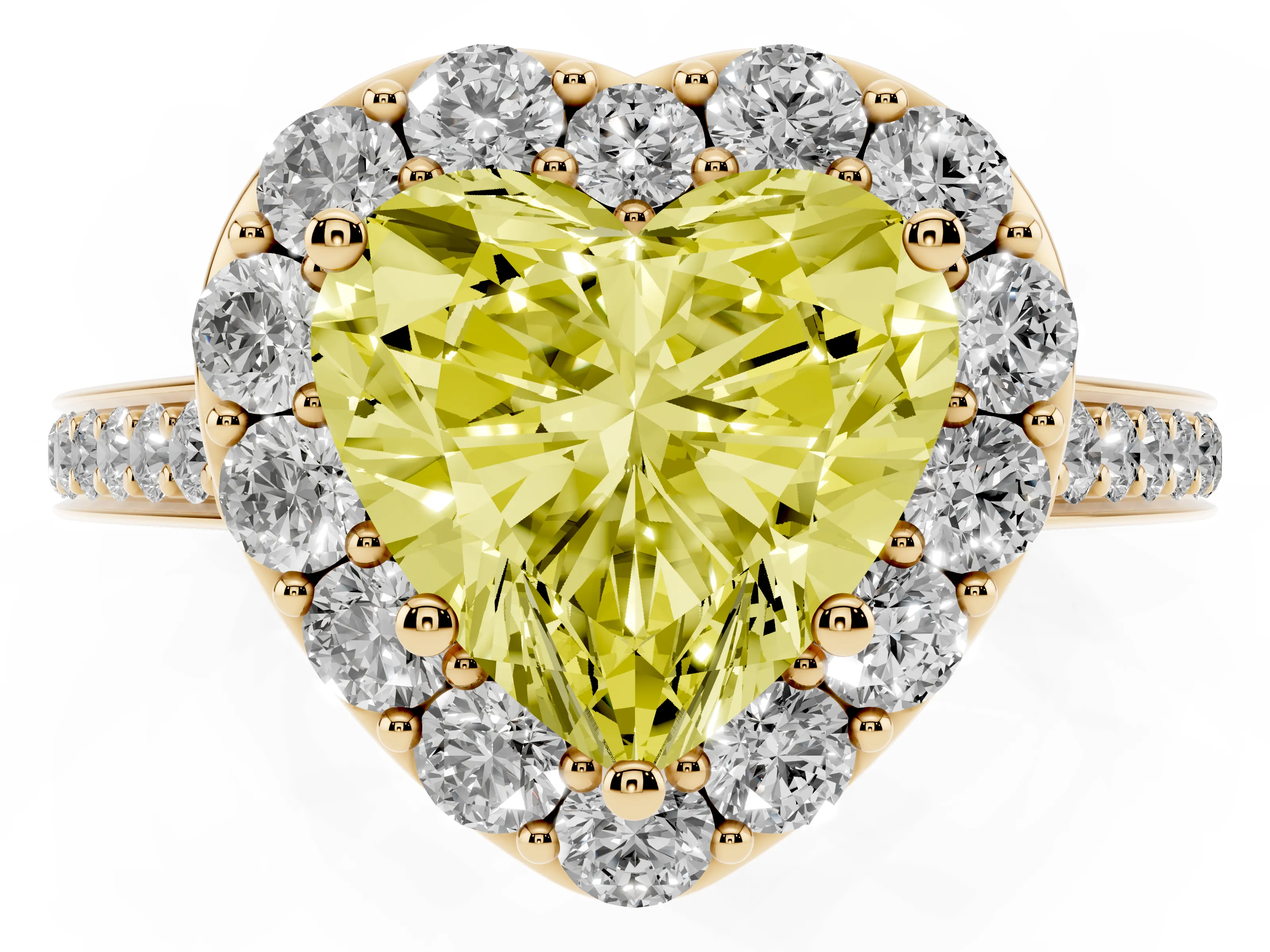 Fancy Yellow Heart Cut Diamond Floral Halo Ring Set in Yellow gold with Pavé Band and Prong Setting