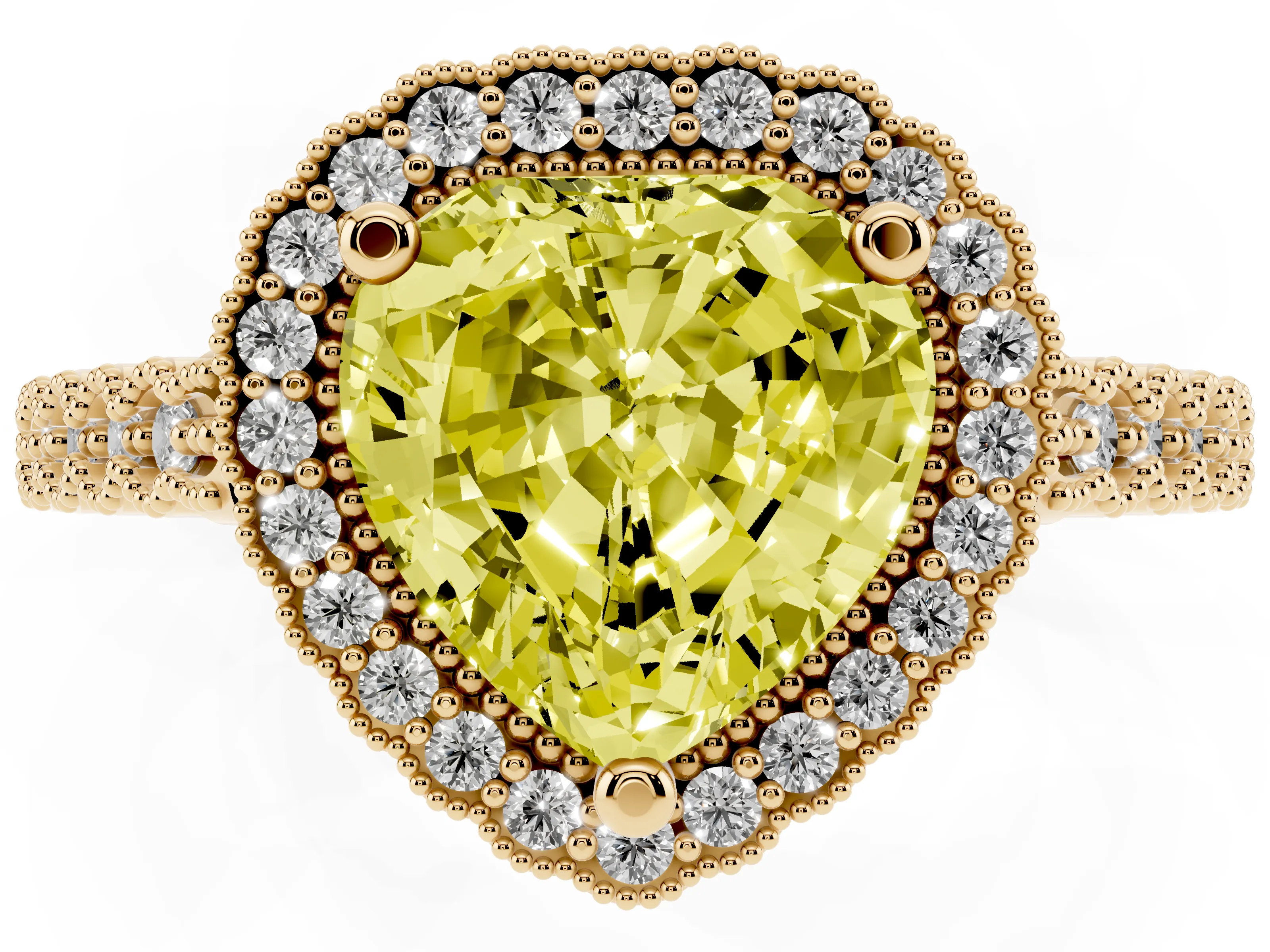 Fancy Yellow Heart Cut Diamond Halo Ring Set in Yellow gold with Pavé Milgrain Band