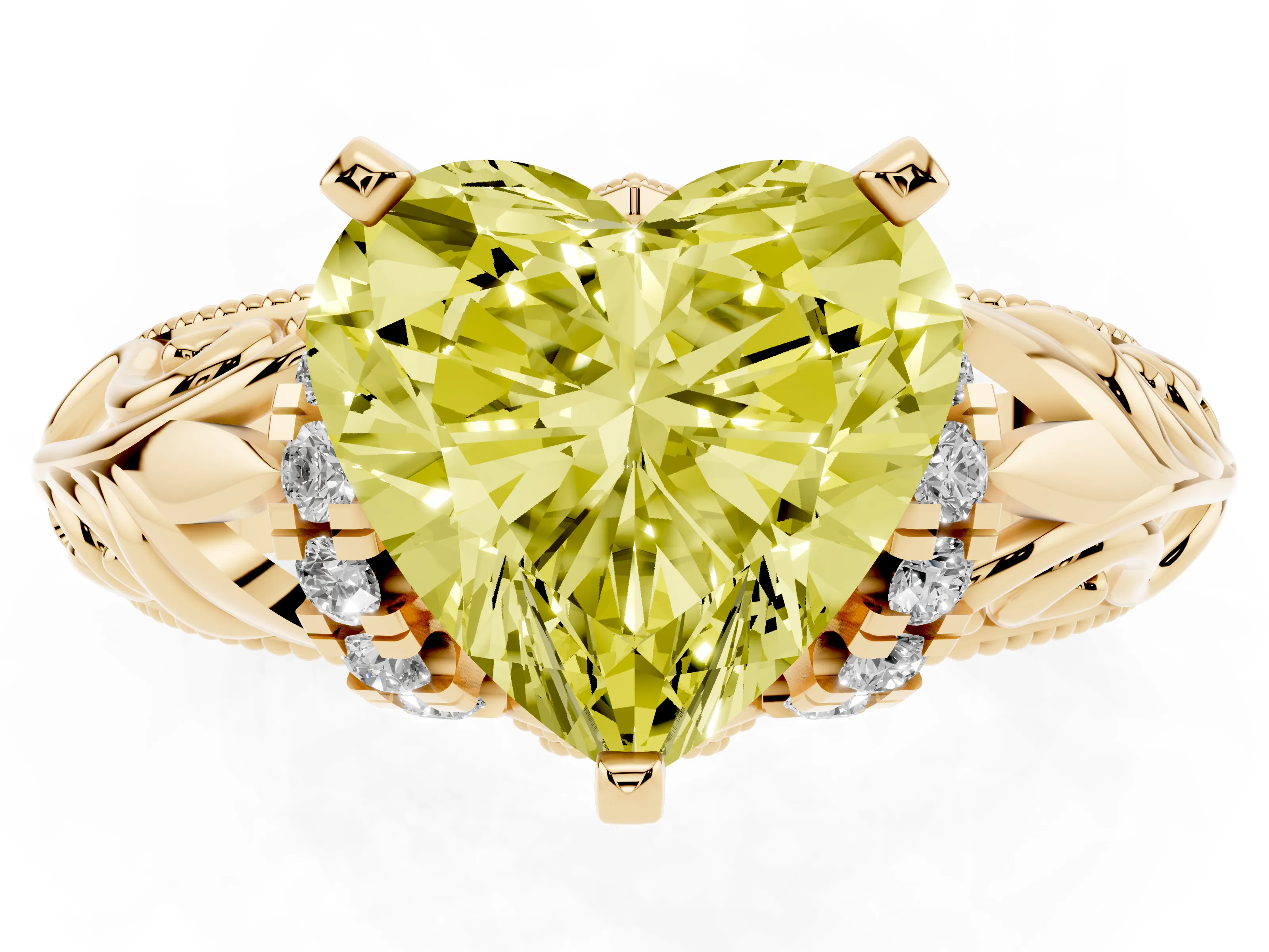 Fancy Yellow Heart Cut Diamond Filigree Halo Engagement Ring Set in Yellow gold with Prong Setting