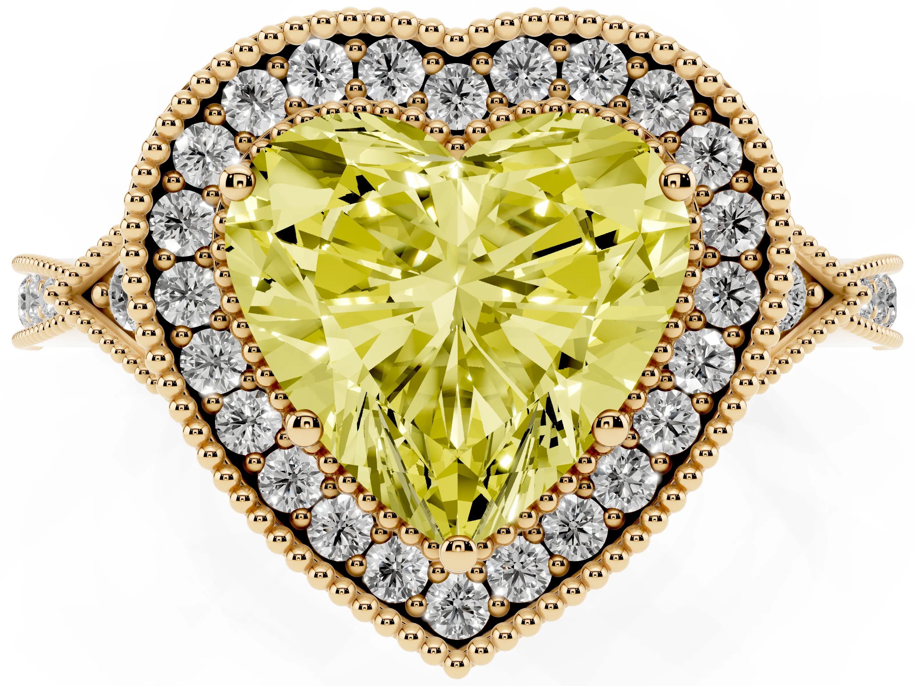 Fancy Yellow Heart Cut Diamond Halo Engagement Ring Set in Yellow gold with Milgrain Pavé Band