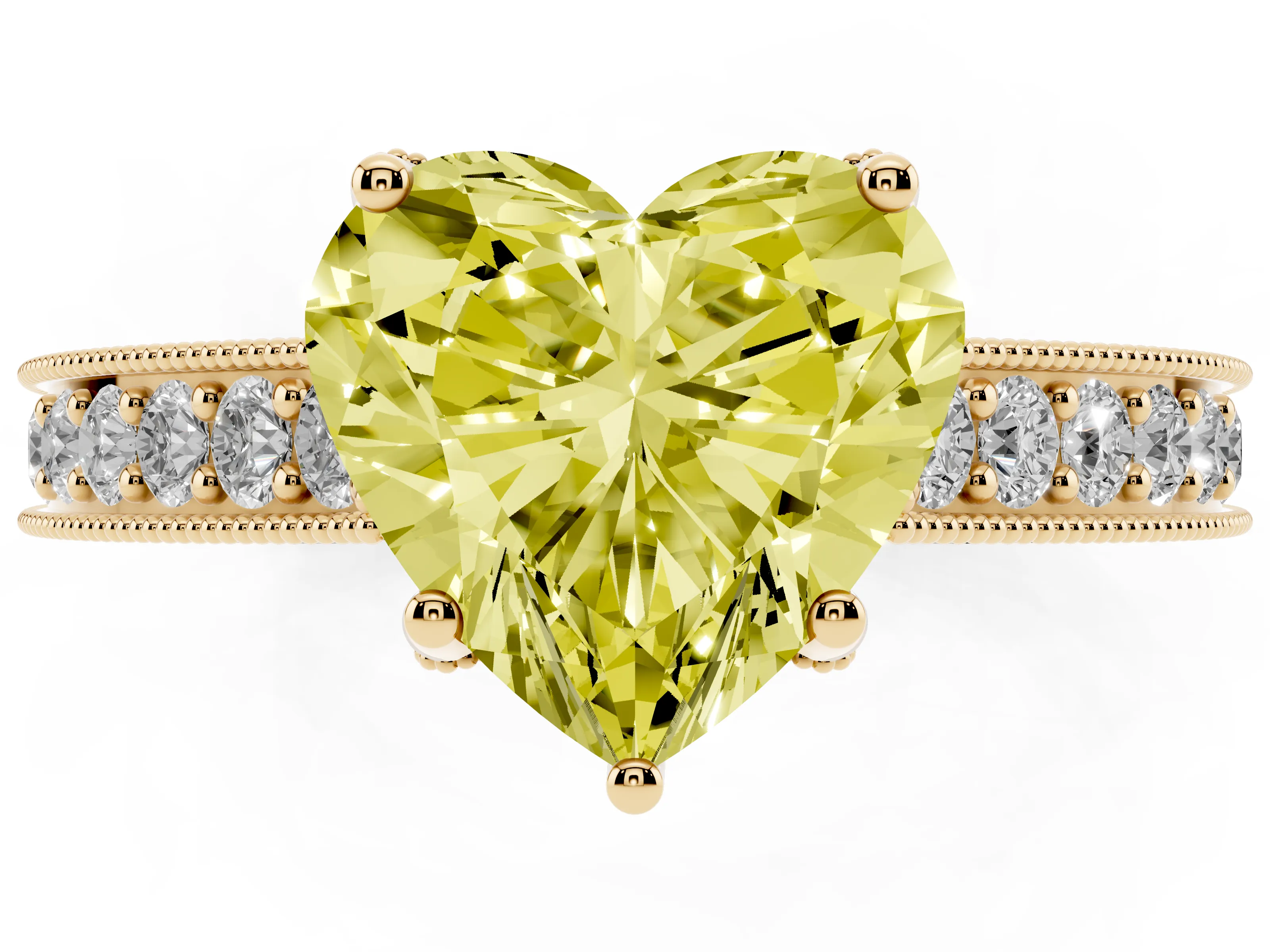 Fancy Yellow Heart Cut Diamond Solitaire Ring Set in Yellow gold with Milgrain-Edged Pavé Band and Prong Setting