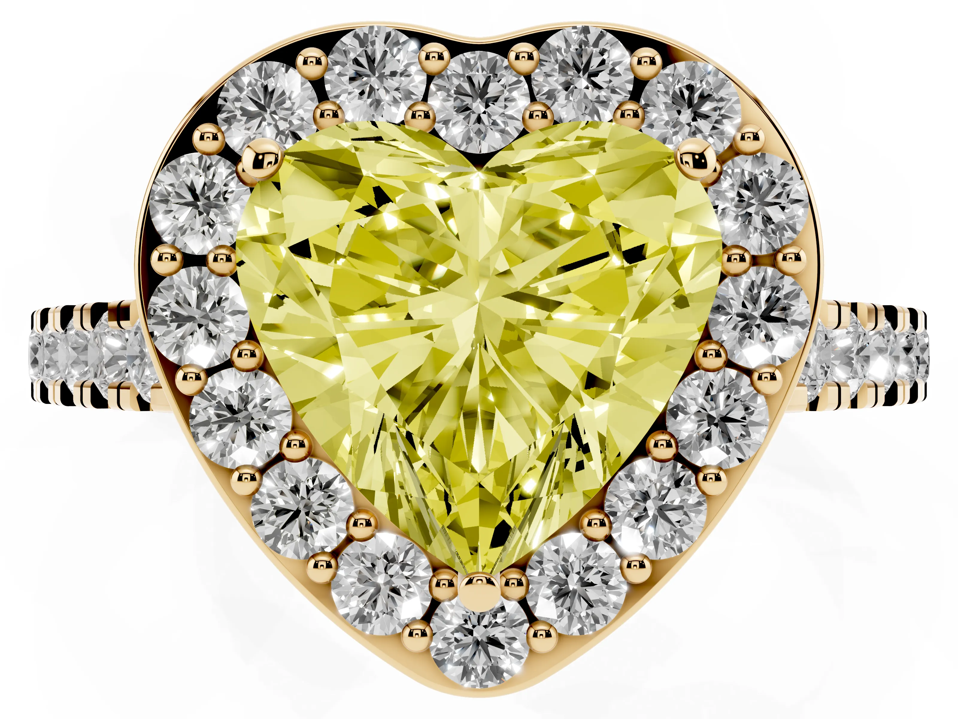 Fancy Yellow Heart Cut Diamond Halo Ring Set in Yellow gold with Round Pavé Split Shank and Prong Setting